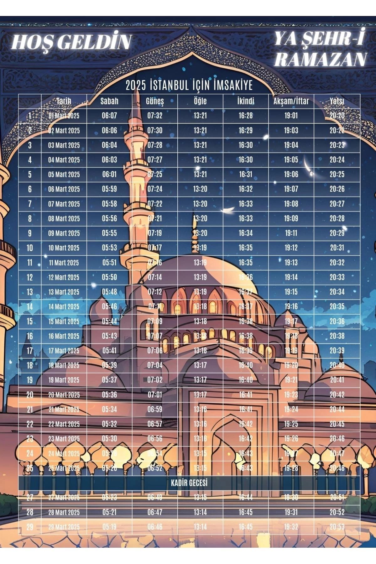 P Parla Ramazan İmsakiyesi Modern Kişiye Özel Tasarımlı Dijital Baskı 50 Adet A4 300 gr Model 11