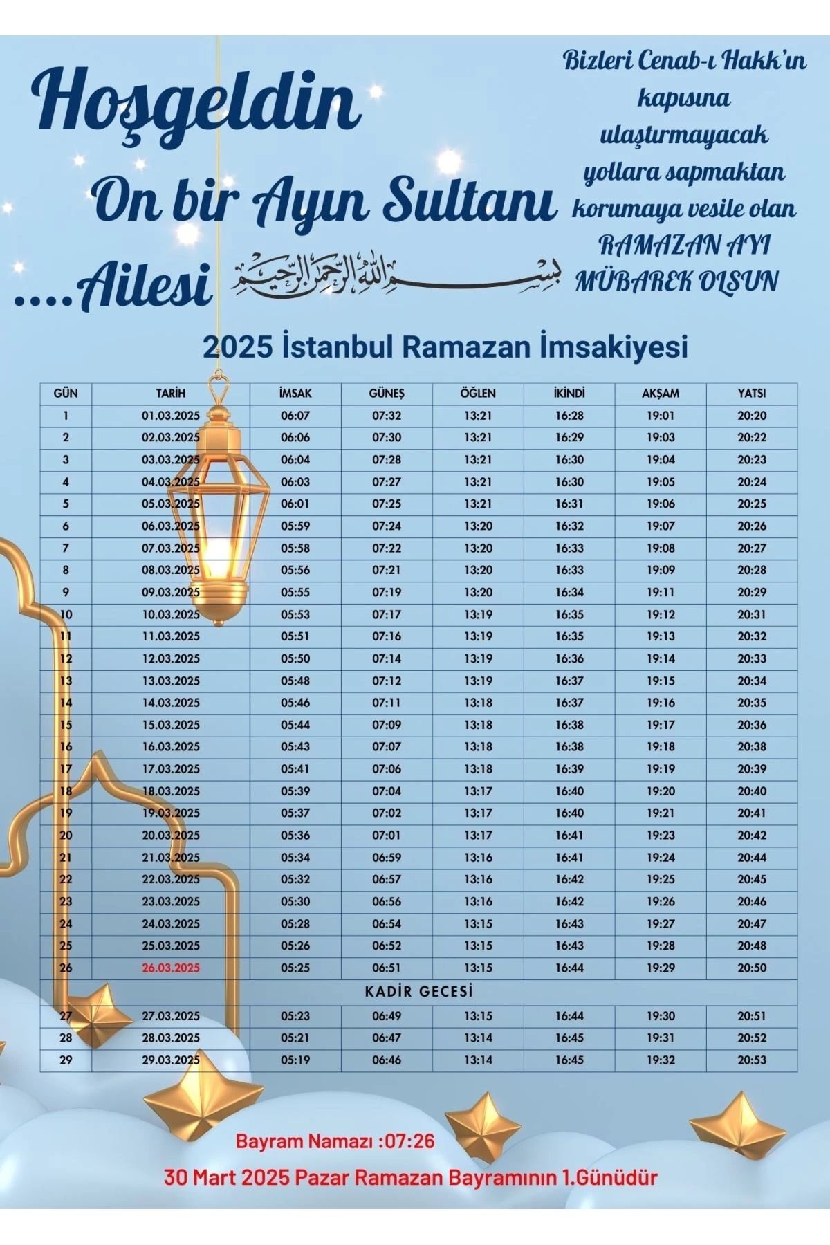P Parla Ramazan İmsakiyesi Modern Kişiye Özel Tasarımlı Dijital Baskı 10 Adet A4 300 gr Model 18