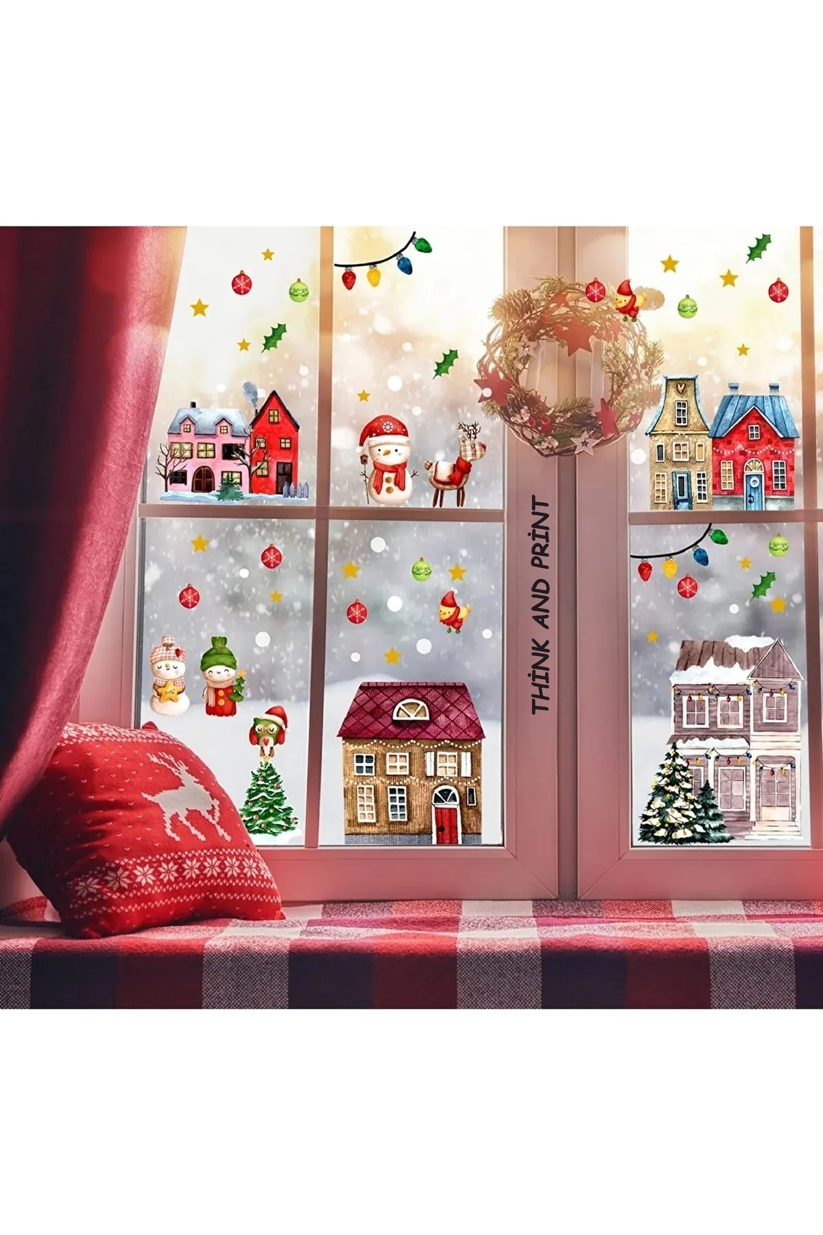 Think And Print Yılbaşı Temalı Karlı Şehir, Evler Kardan Adam Christmas Çift Yönlü Şeffaf Cam, Duvar Sticker Seti fotoğrafı 3 (önizleme)