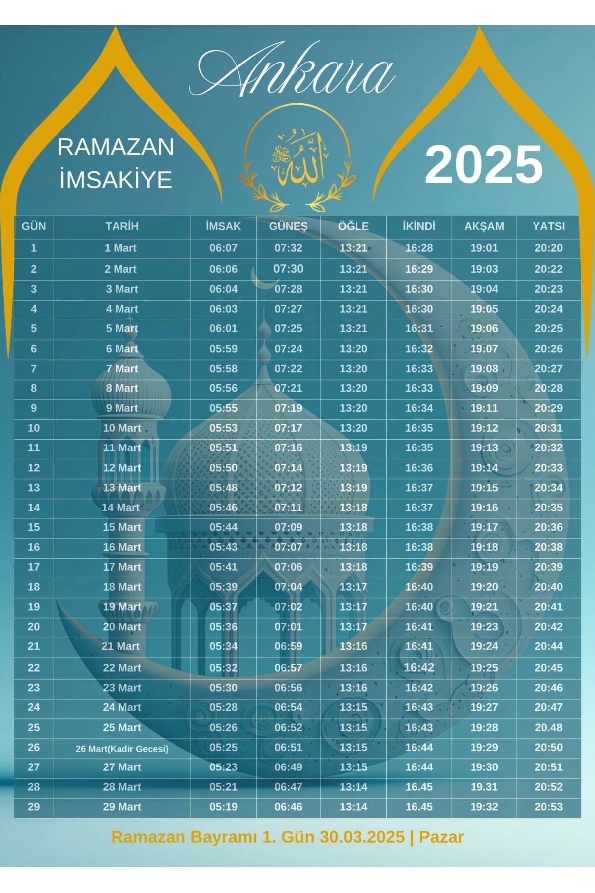 P Parla Ramazan İmsakiyesi Modern Kişiye Özel Tasarımlı Dijital Baskı 6 Adet A4 300 gr Model 34