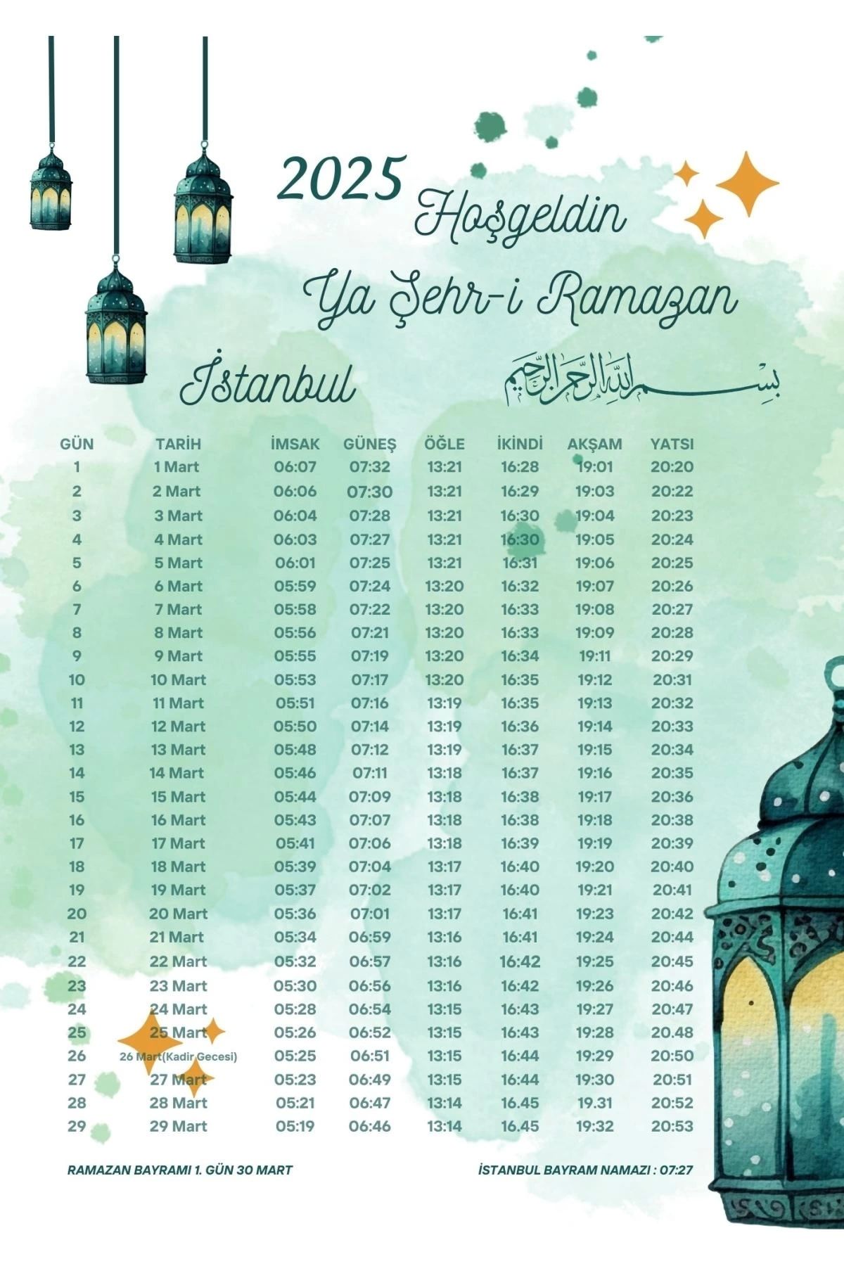 P Parla Ramazan İmsakiyesi Modern Kişiye Özel Tasarımlı Dijital Baskı 50 Adet A4 300 gr Model 43