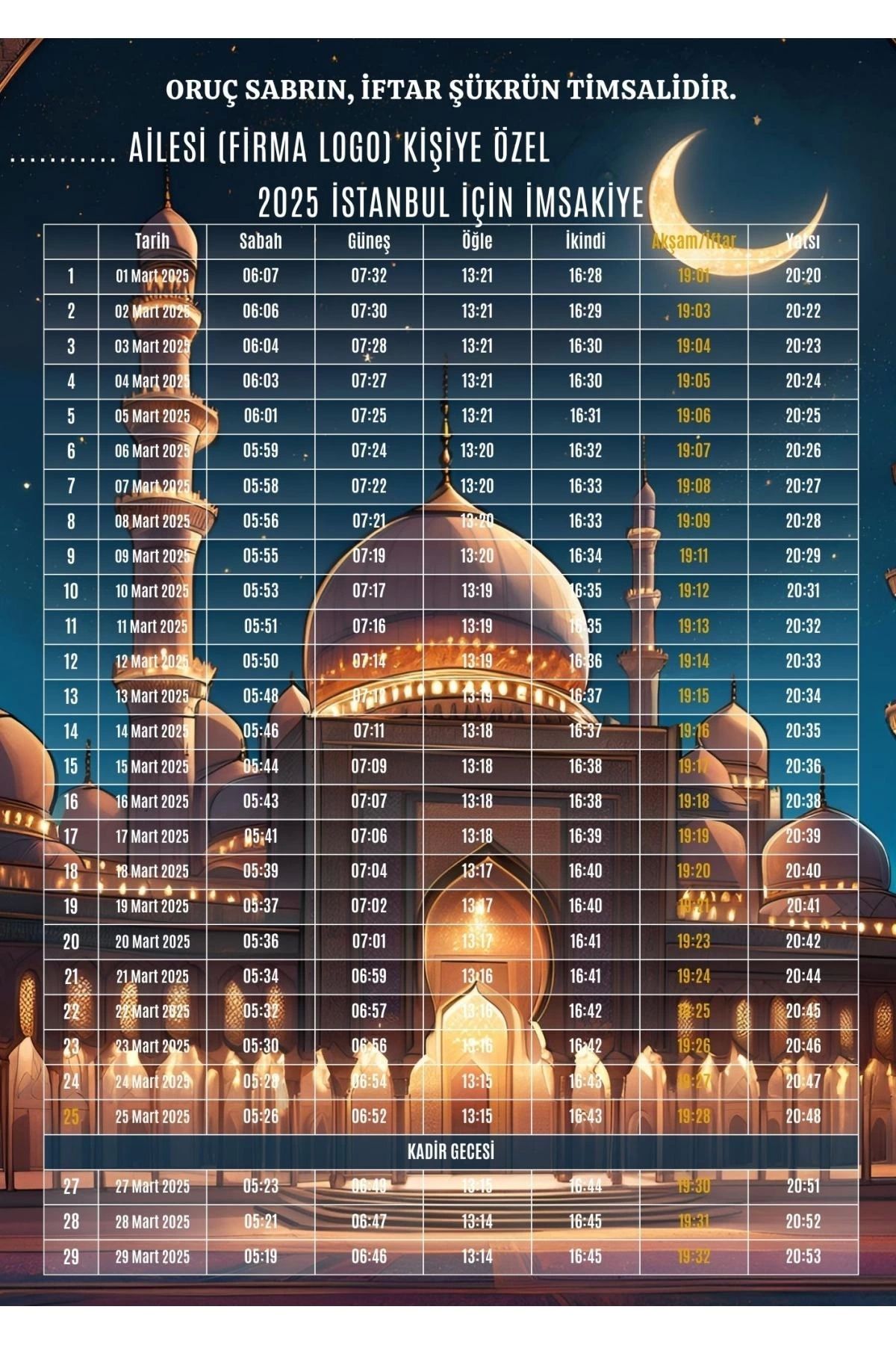 P Parla Ramazan İmsakiyesi Modern Kişiye Özel Tasarımlı Dijital Baskı 50 Adet A4 300 gr Model 9