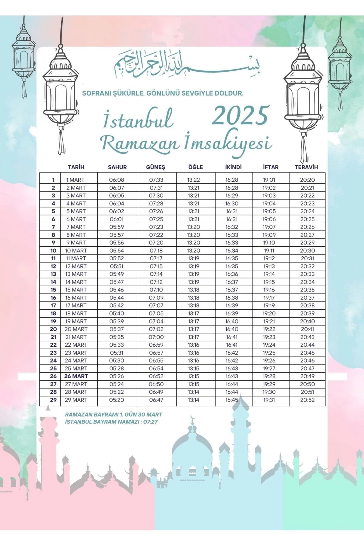 P Parla Ramazan İmsakiyesi Modern Kişiye Özel Tasarımlı Dijital Baskı 500 Adet A4 300 gr Model 42