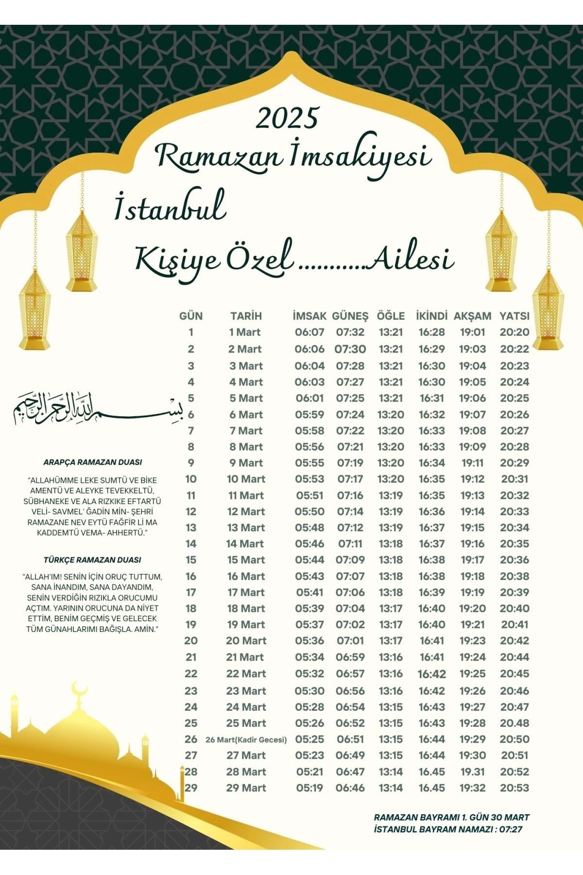P Parla Ramazan İmsakiyesi Modern Kişiye Özel Tasarımlı Dijital Baskı 100 Adet A4 300 gr Model 48