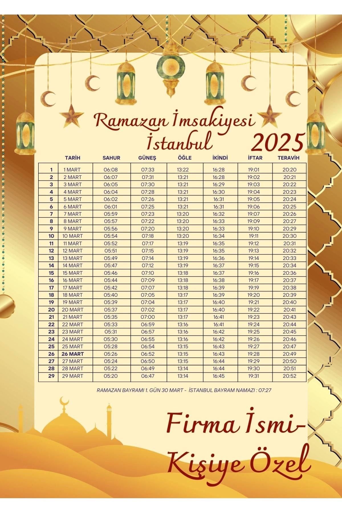 P Parla Ramazan İmsakiyesi Modern Kişiye Özel Tasarımlı Dijital Baskı 100 Adet A4 300 gr Model 37