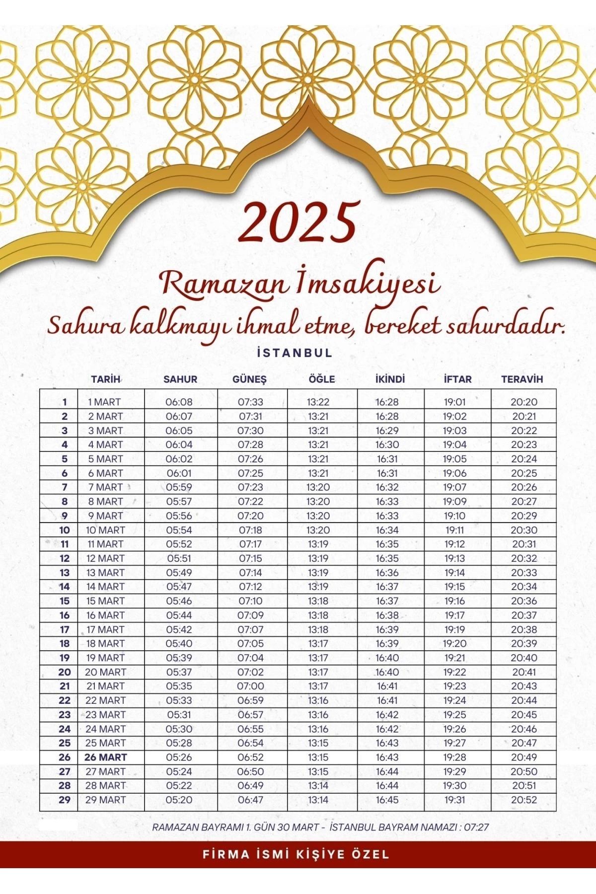 P Parla Ramazan İmsakiyesi Modern Kişiye Özel Tasarımlı Dijital Baskı 6 Adet A4 300 gr Model 39