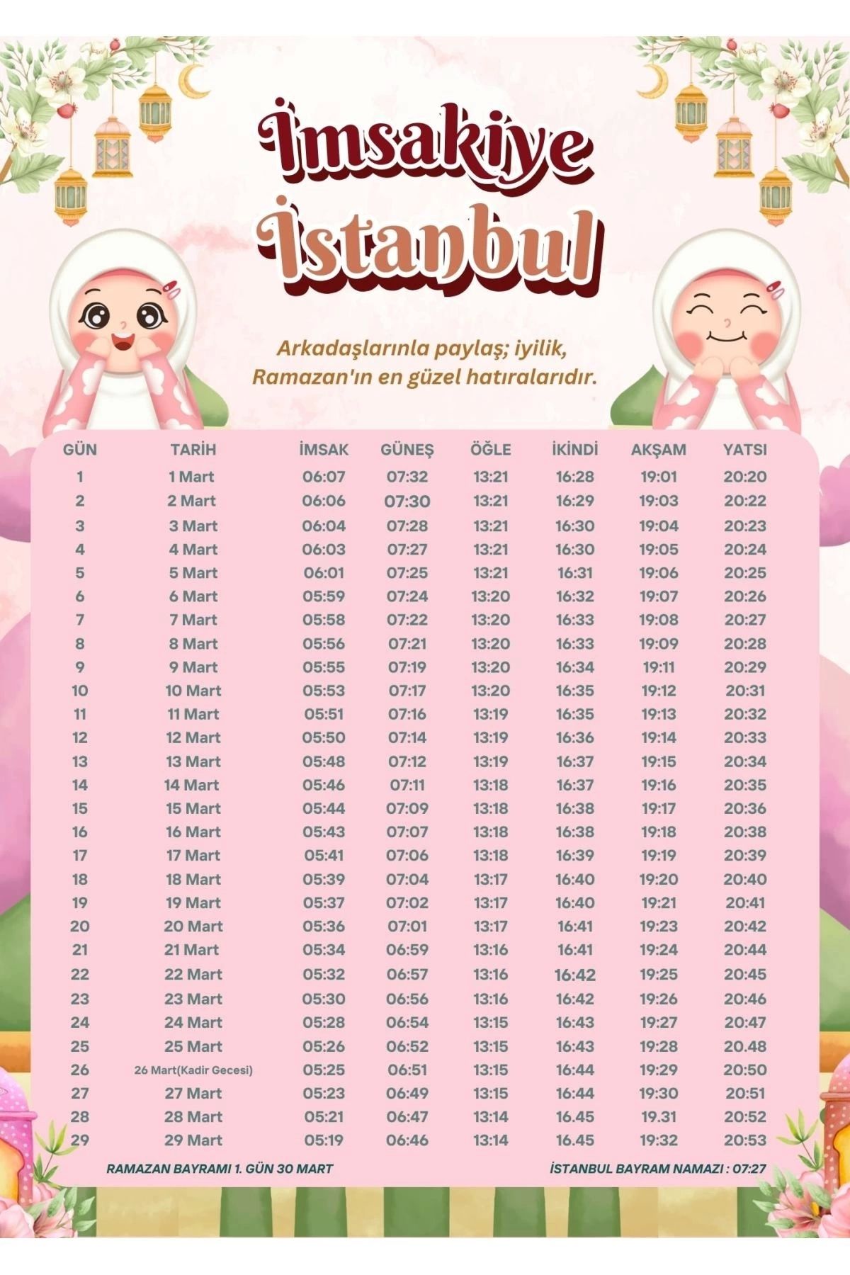 P Parla Ramazan İmsakiyesi Modern Kişiye Özel Tasarımlı Dijital Baskı 50 Adet A4 300 gr Model 44