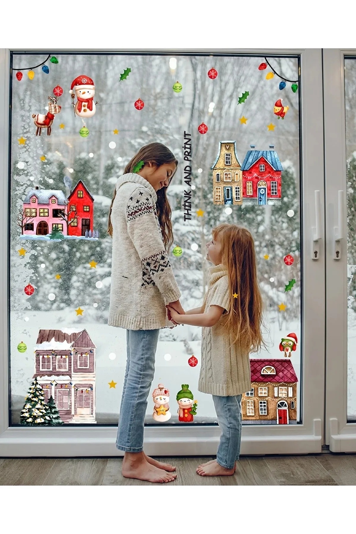 Think And Print Yılbaşı Temalı Karlı Şehir, Evler Kardan Adam Christmas Çift Yönlü Şeffaf Cam, Duvar Sticker Seti fotoğrafı 2 (önizleme)