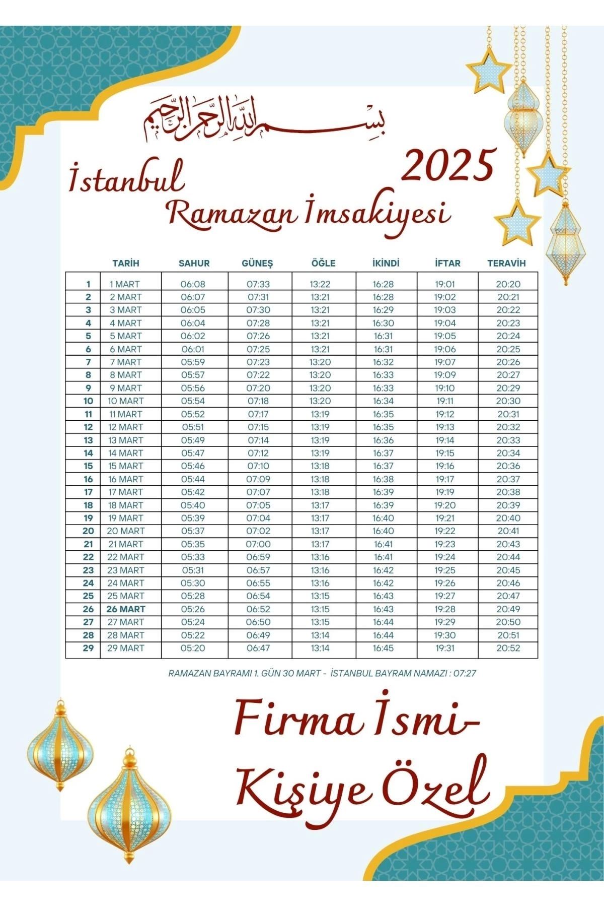 P Parla Ramazan İmsakiyesi Modern Kişiye Özel Tasarımlı Dijital Baskı 500 Adet A4 300 gr Model 36