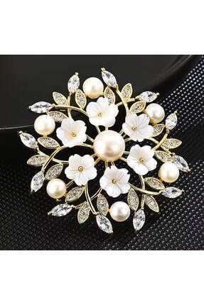 ESJ Kristal Zirkon Taş İnci Detay Çelenk Çiçek Kadın Broş 4,5*4,5 cm