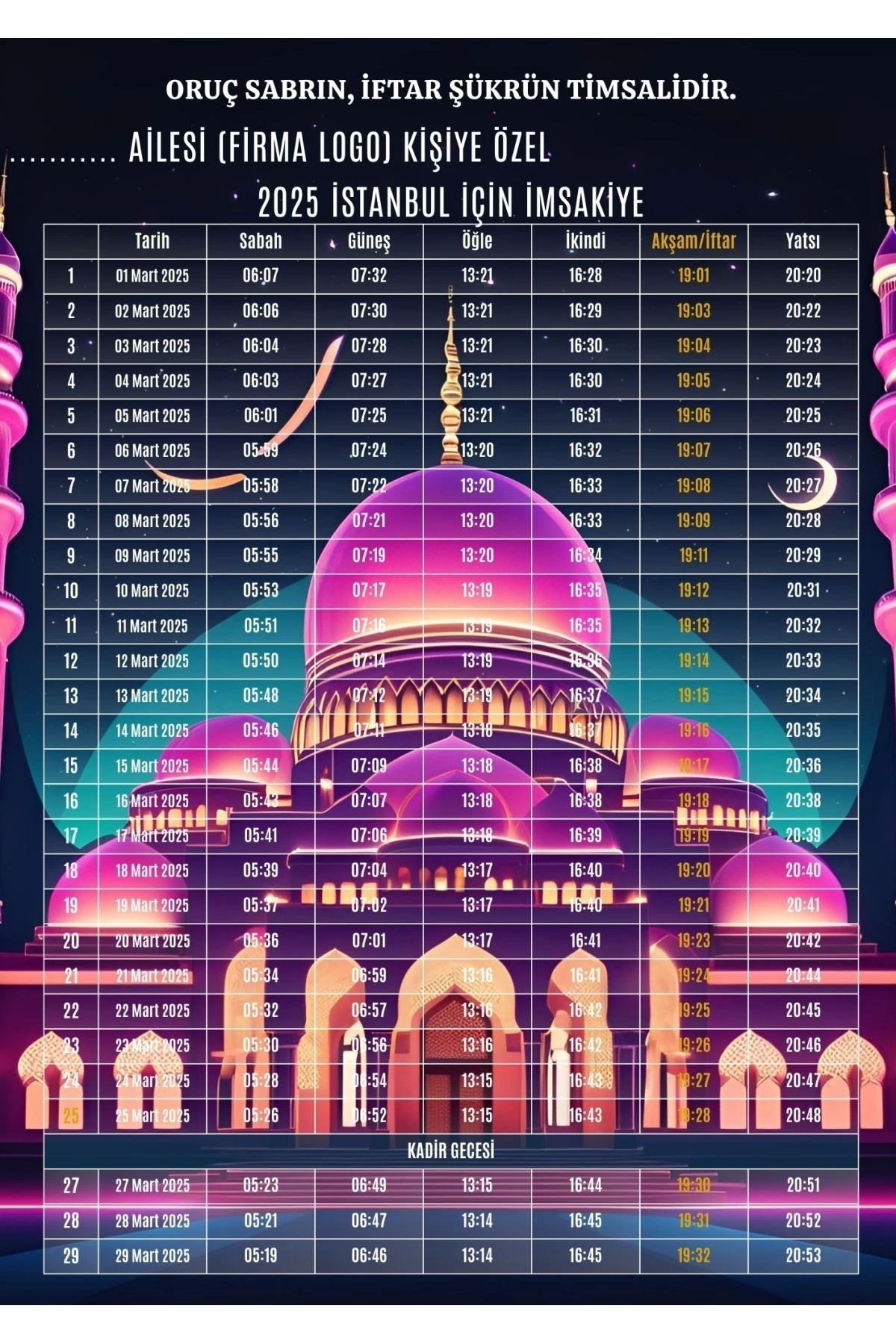 P Parla Ramazan İmsakiyesi Modern Kişiye Özel Tasarımlı Dijital Baskı 1000 Adet A4 300 gr Model 7