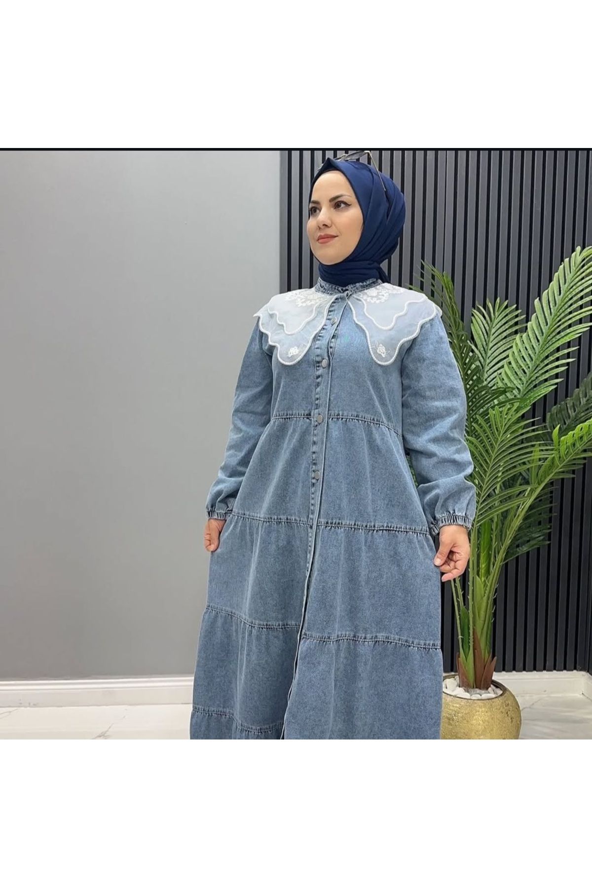 OlaLady-Women's Guipure Lace Collar Hijab Denim Layered Dress 3