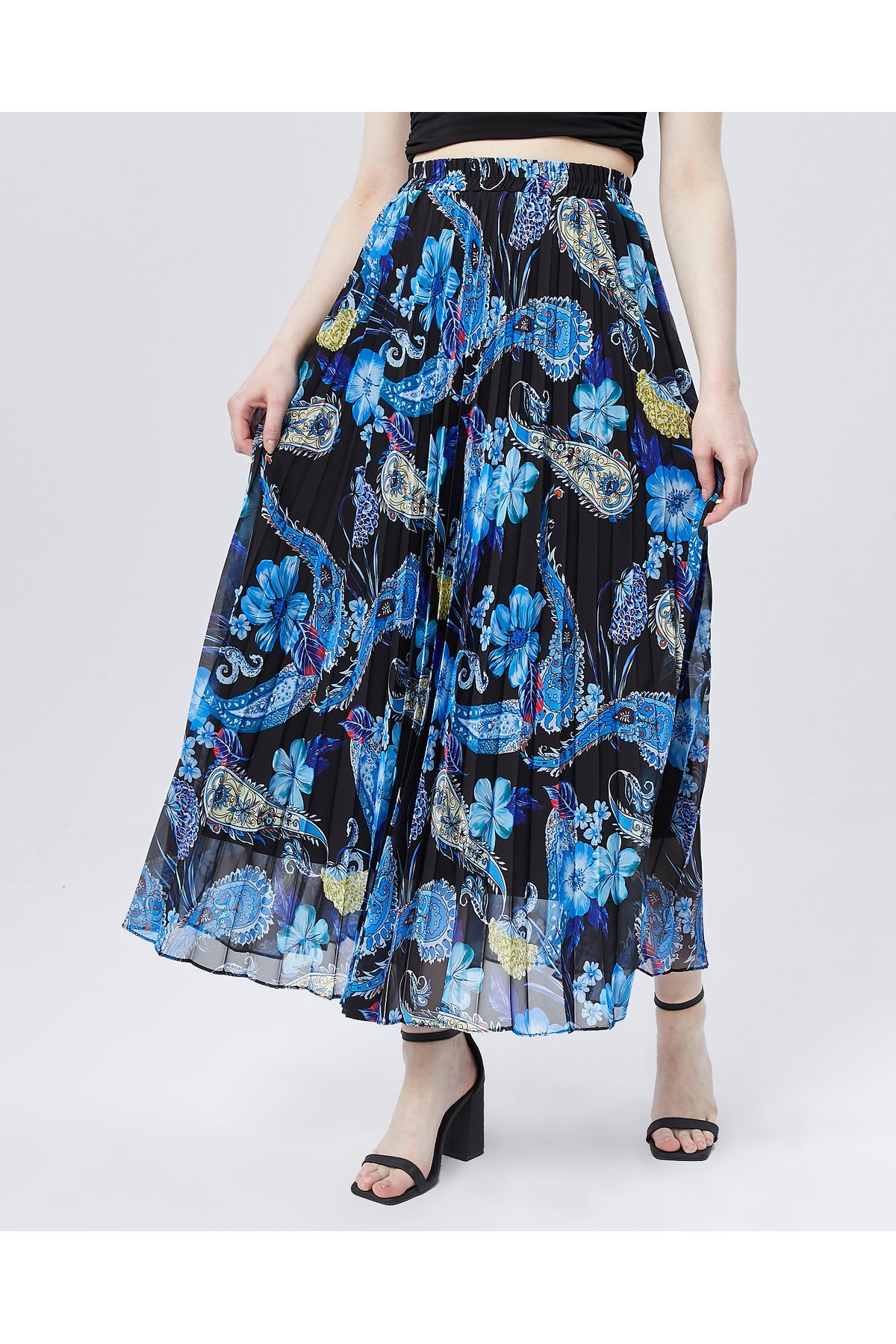 sehatex-Pleated Chiffon Skirt - Patterned, Elastic Waist and Lined Qys 3