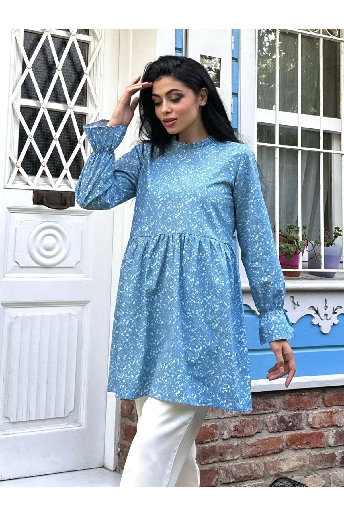 KÜÇÜĞÜM BUTİK-Blue Poplin Tunic with Ruffle Collar and Crispy Detail 1