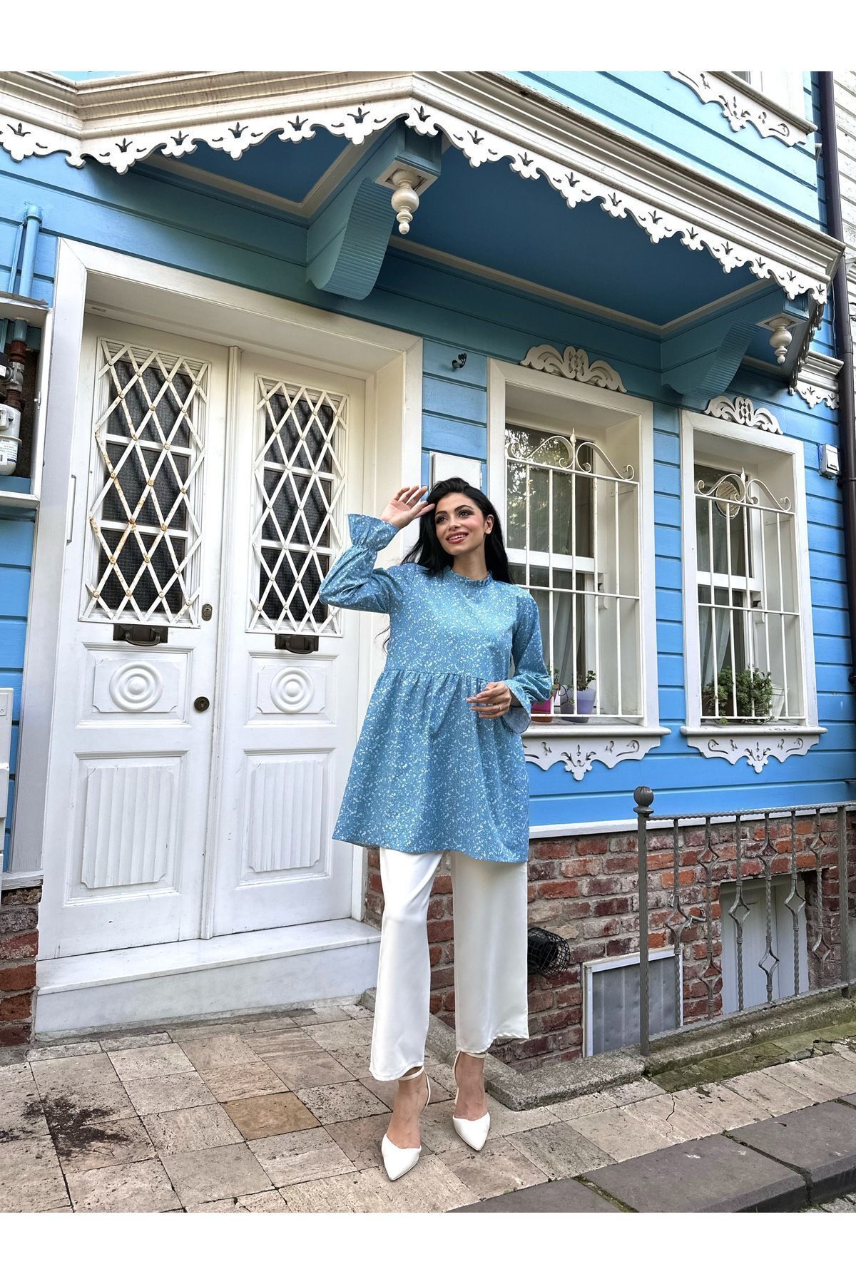 KÜÇÜĞÜM BUTİK-Blue Poplin Tunic with Ruffle Collar and Crispy Detail 4