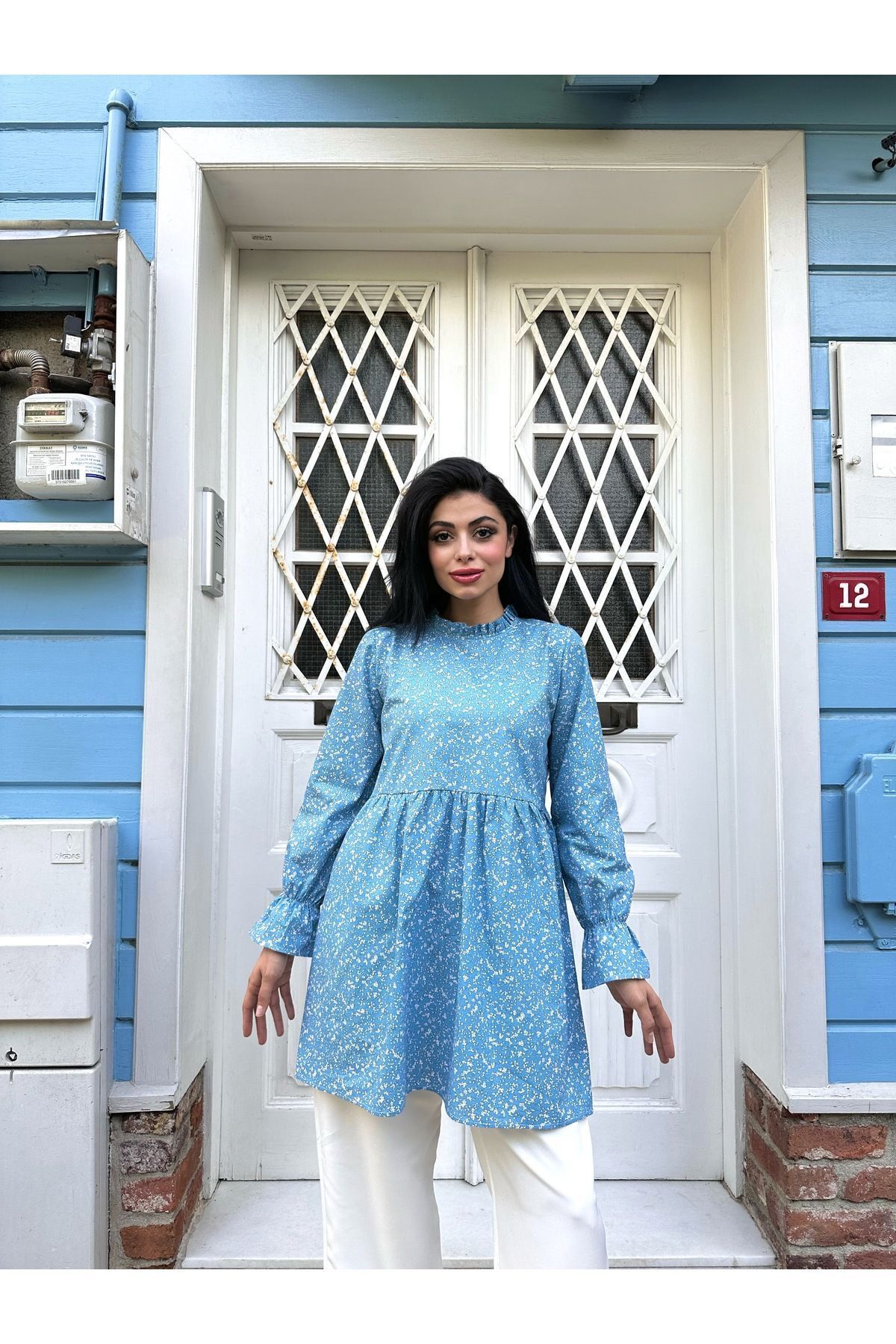 KÜÇÜĞÜM BUTİK-Blue Poplin Tunic with Ruffle Collar and Crispy Detail 2