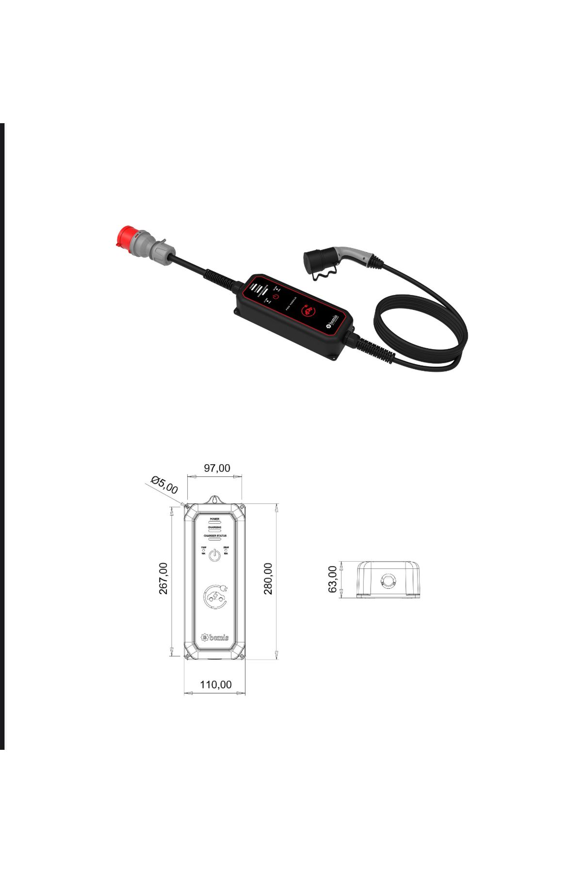 Bemis Taşınabilir BEMİS 11kW - 22kW Uyumlu  PRO Mobil Araç Şarj Cihazı 5 Metre Kablolu BEV-2331-0001