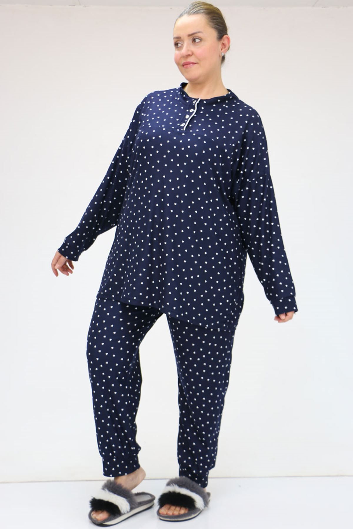 Eslina-47812 Large Size Half Placket Button Micro Suede Pajamas Set - Navy 4