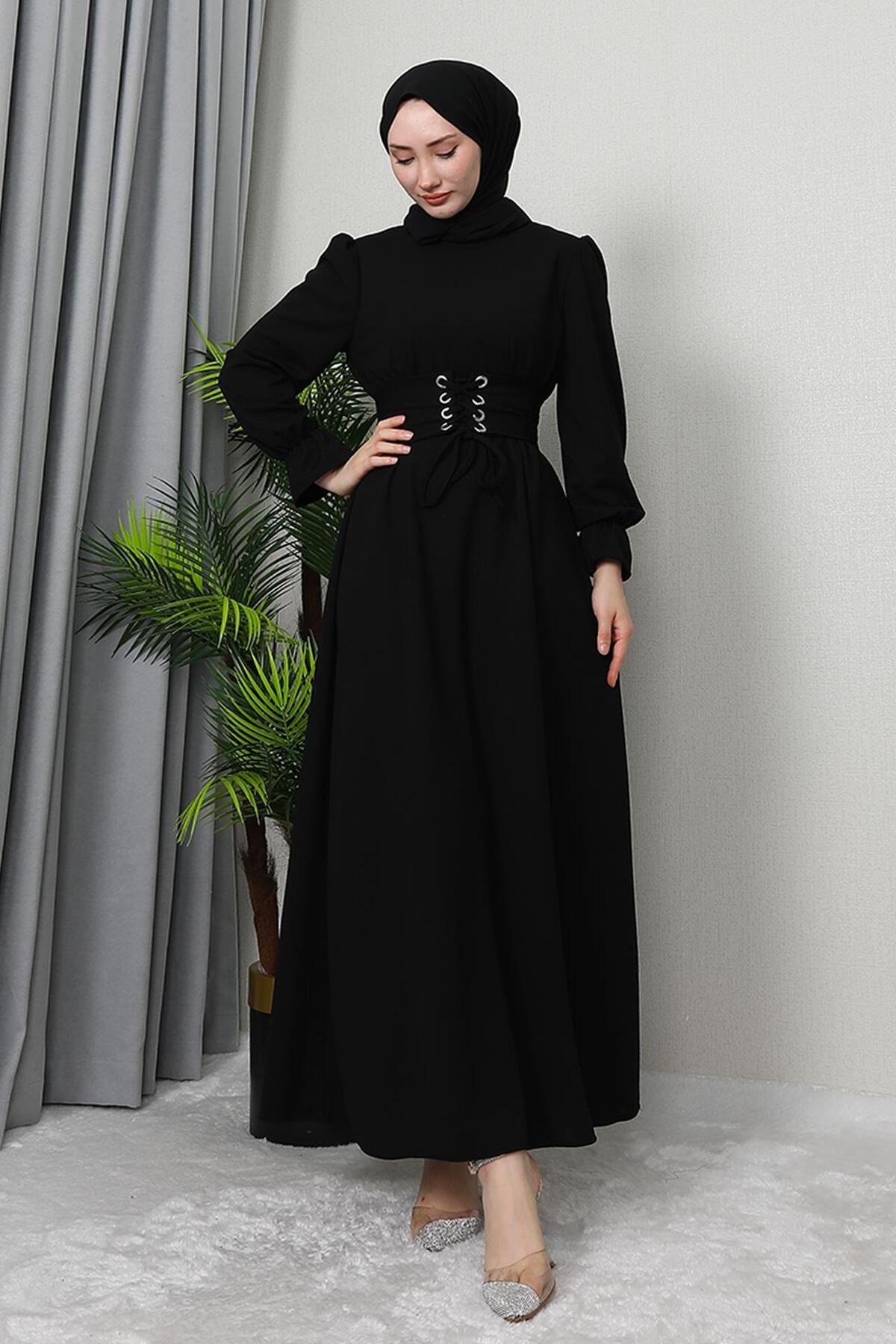 giz astore-Rochie neagră cu ochi de pasăre și eșarfă 4