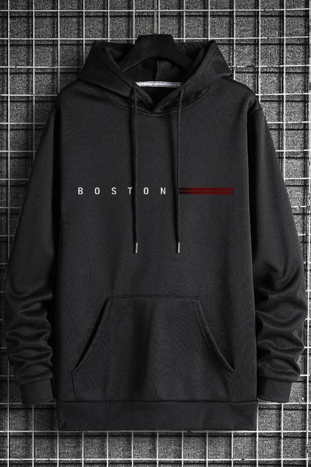 NO 601-Мъжки черен суитшърт с качулка и щампа Boston 2