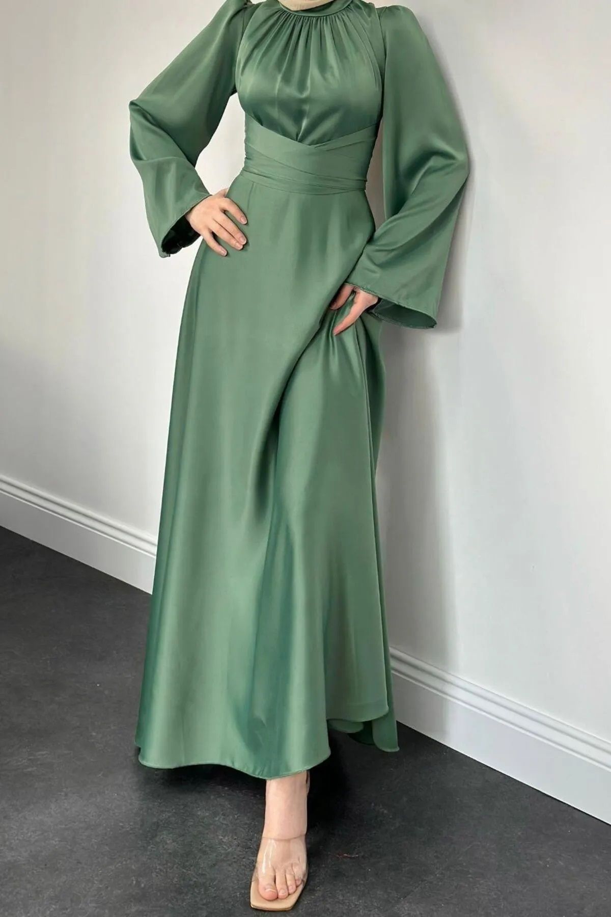 Tesettür Diyarı-Spanish Sleeve Satin Evening Dress with Tie Waist Detail - Mint Green 4