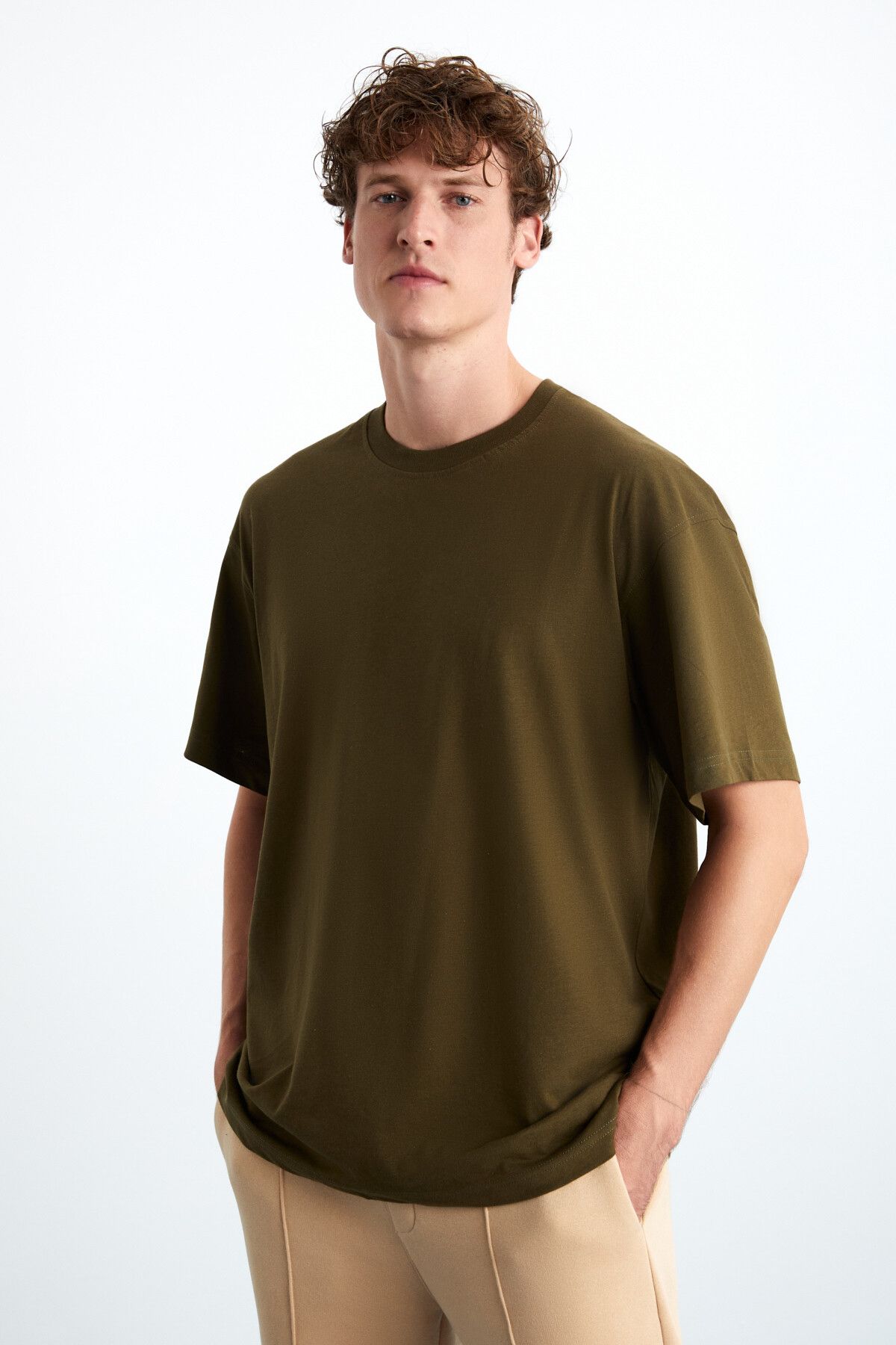 GRIMELANGE-Pánské tričko Jett Khaki – 100% organická bavlna, Crew Neck, Silná textura Oversize Fit 1