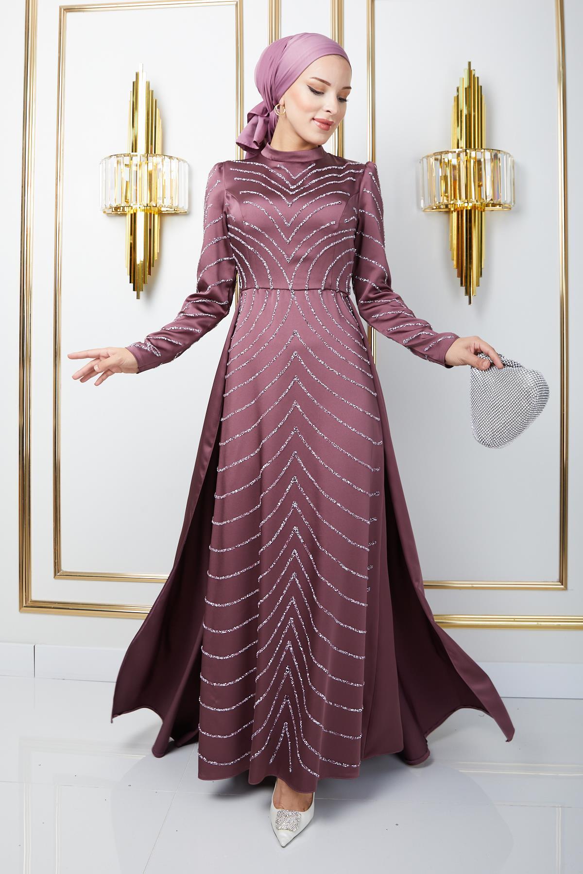 Olcay-Stein Detaillierte Satin Cape Hijab Abendkleider - DRIED ROSE 1674 2
