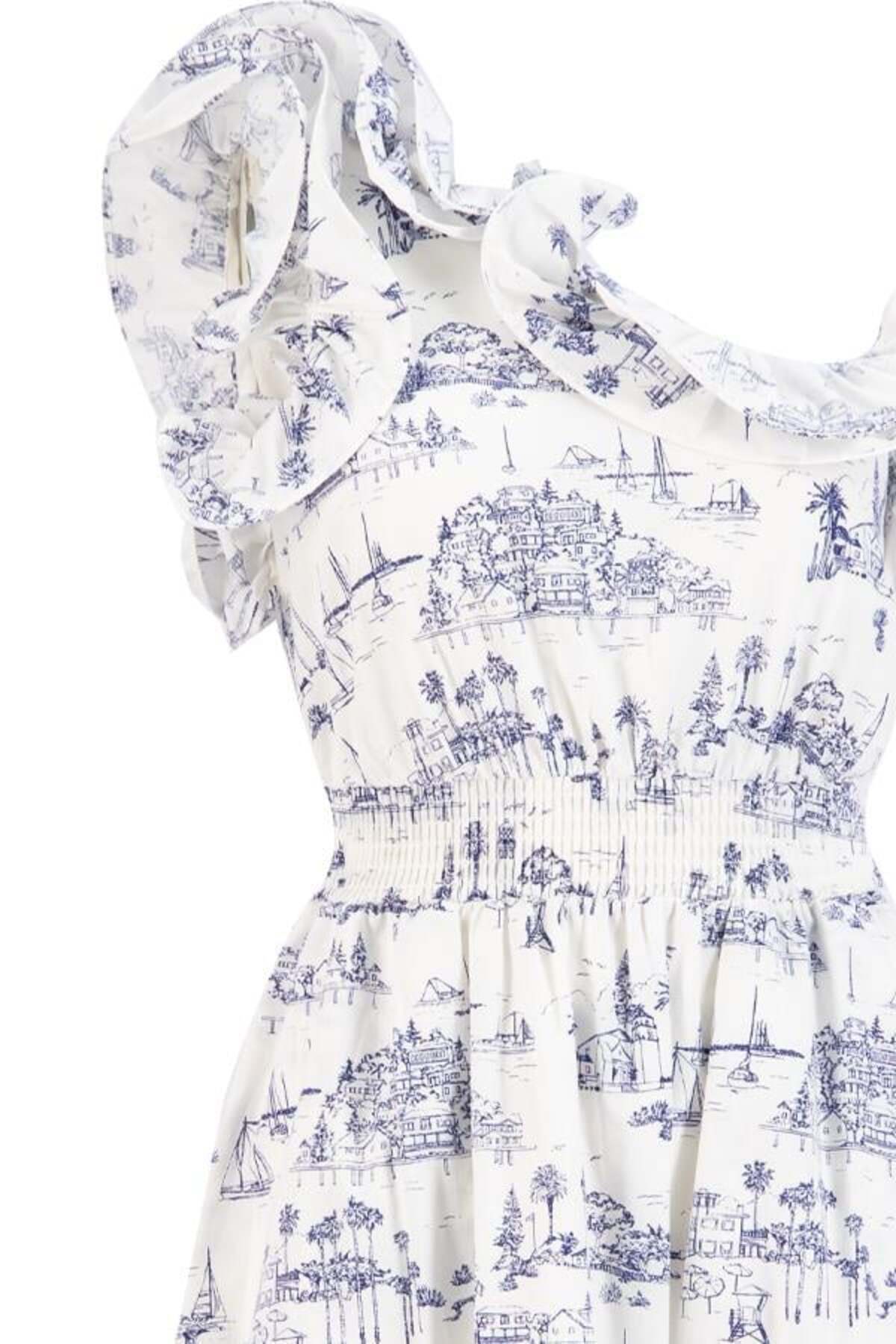Setre-Rochie midi, albastru-ecru, cu un singur umăr 7