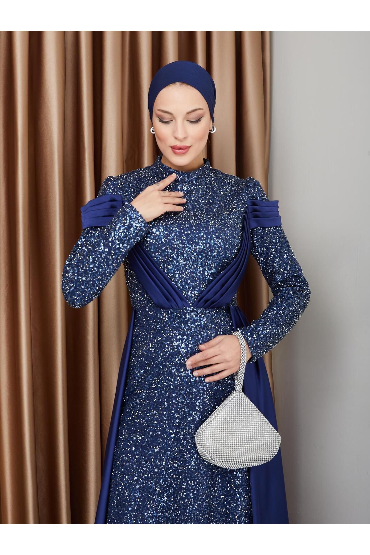 Olcay-Satin Sequin Hijab Evening Dress with Cape - Navy Blue 1678 3