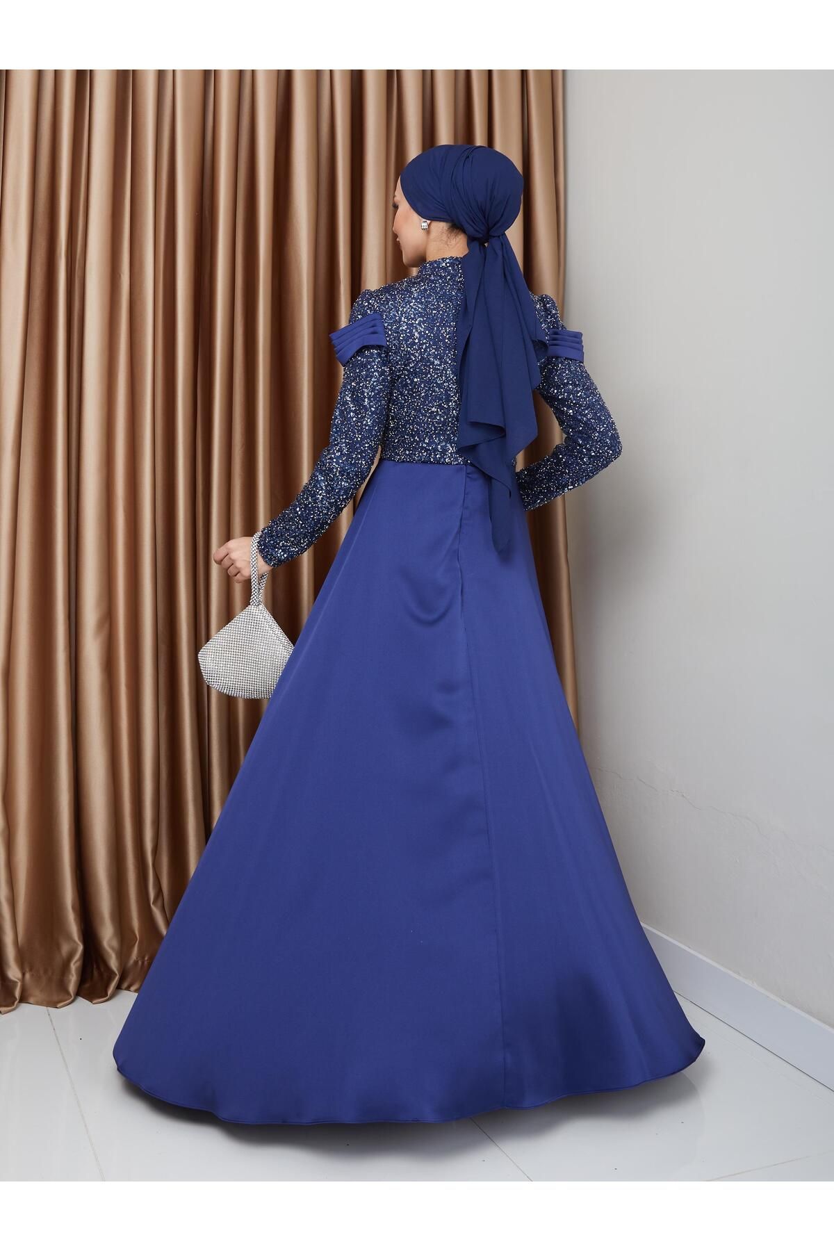 Olcay-Satin Sequin Hijab Evening Dress with Cape - Navy Blue 1678 7