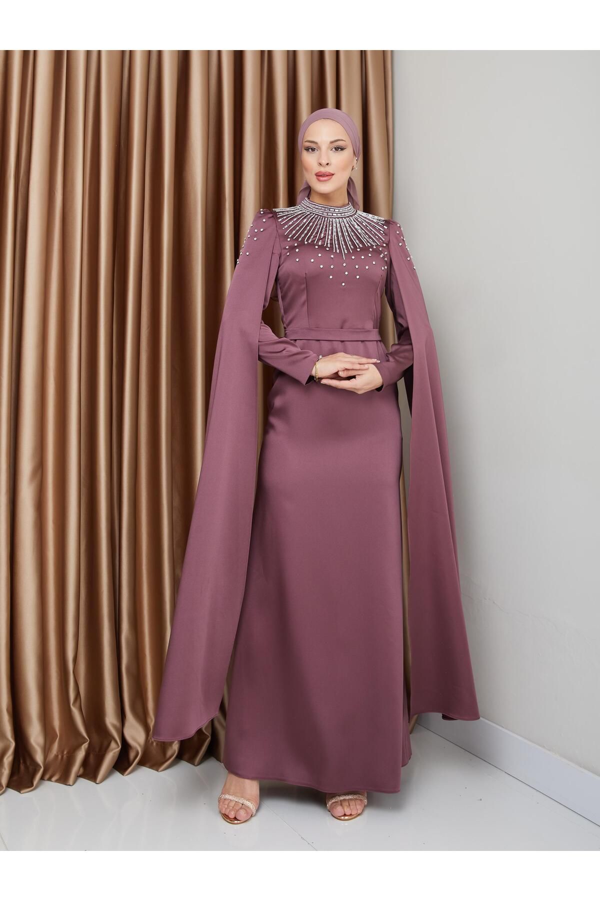 Olcay-Satin Hijab Evening Dress with Stone and Cape Detail, Dried Rose 1228 4