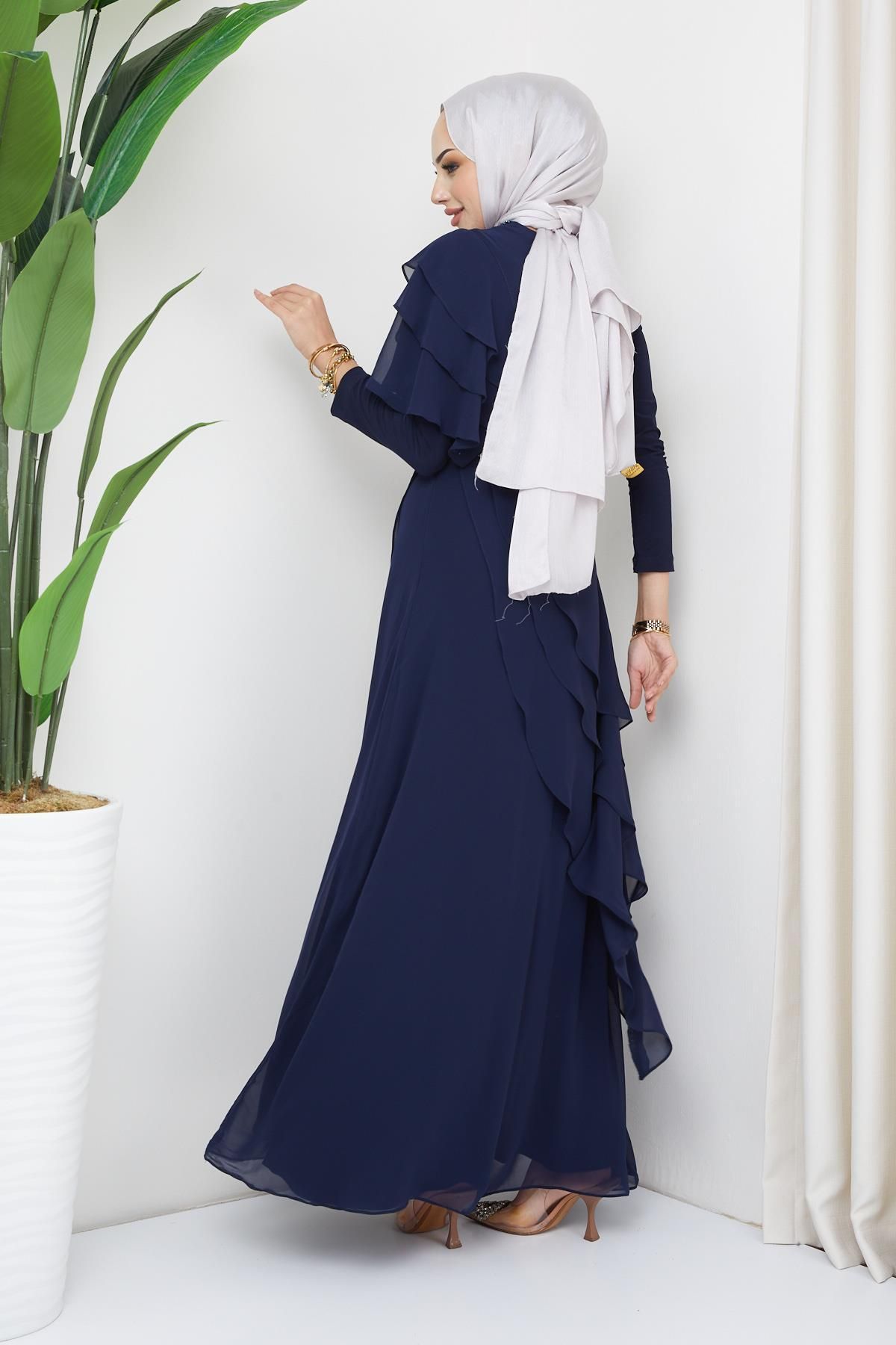 Olcay-Gyöngy és lendkerék részletes sifon hidzsáb estélyi ruha NAVY BLUE 1652 6
