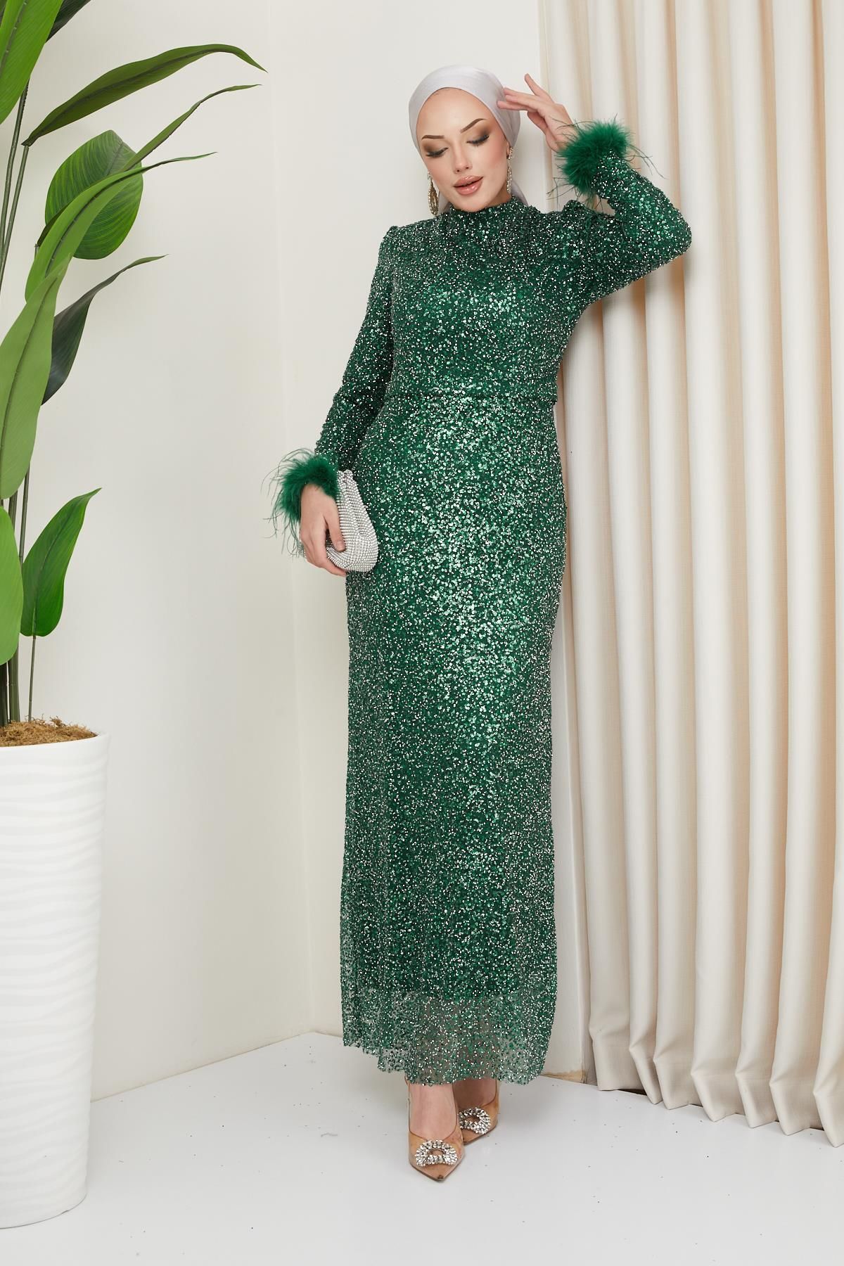 Olcay-GREEN Evening Dress - Feather Detailed Sleeve, Sequin and Jewelled 1208 2