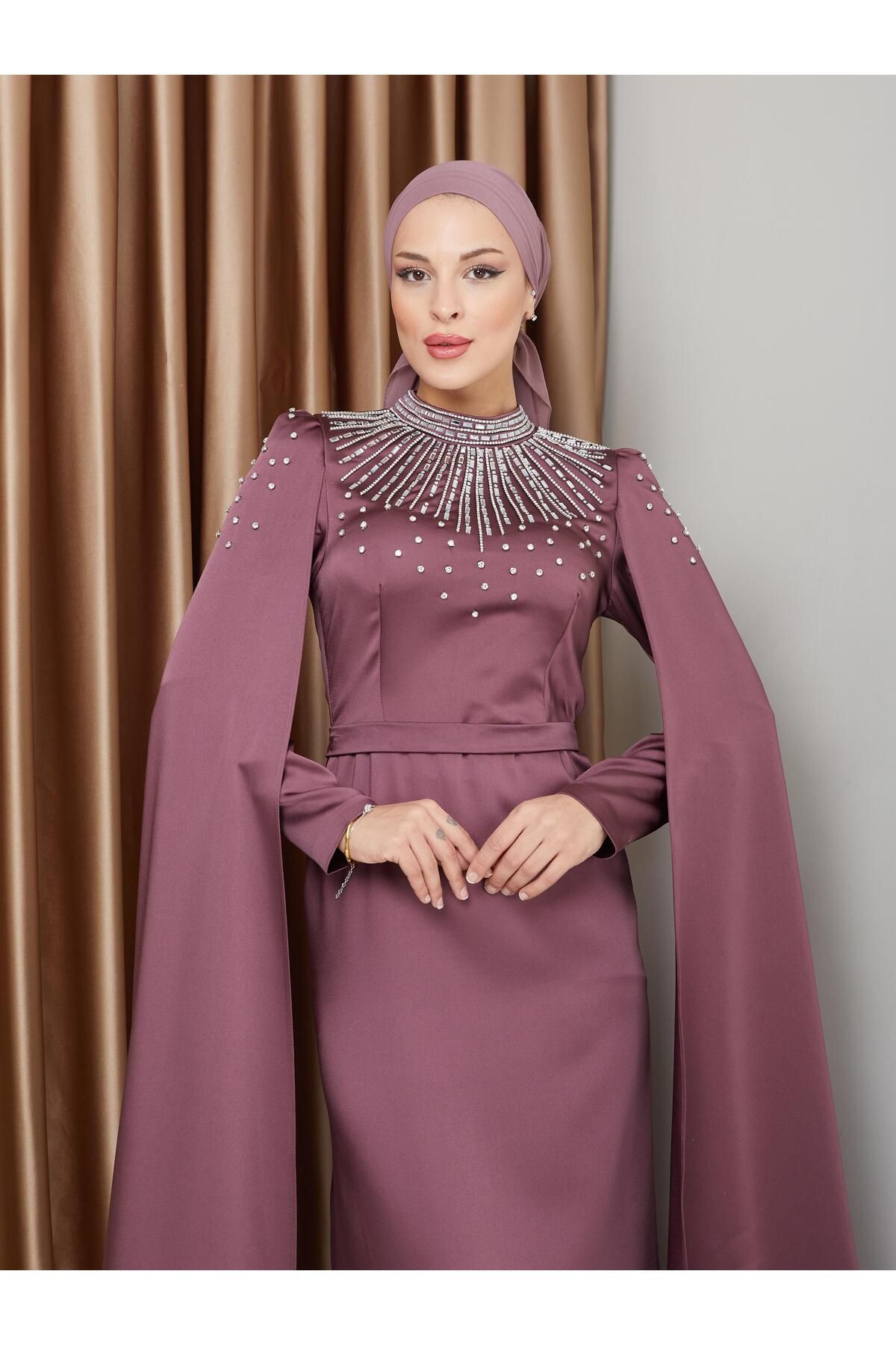 Olcay-Satin Hijab Evening Dress with Stone and Cape Detail, Dried Rose 1228 3