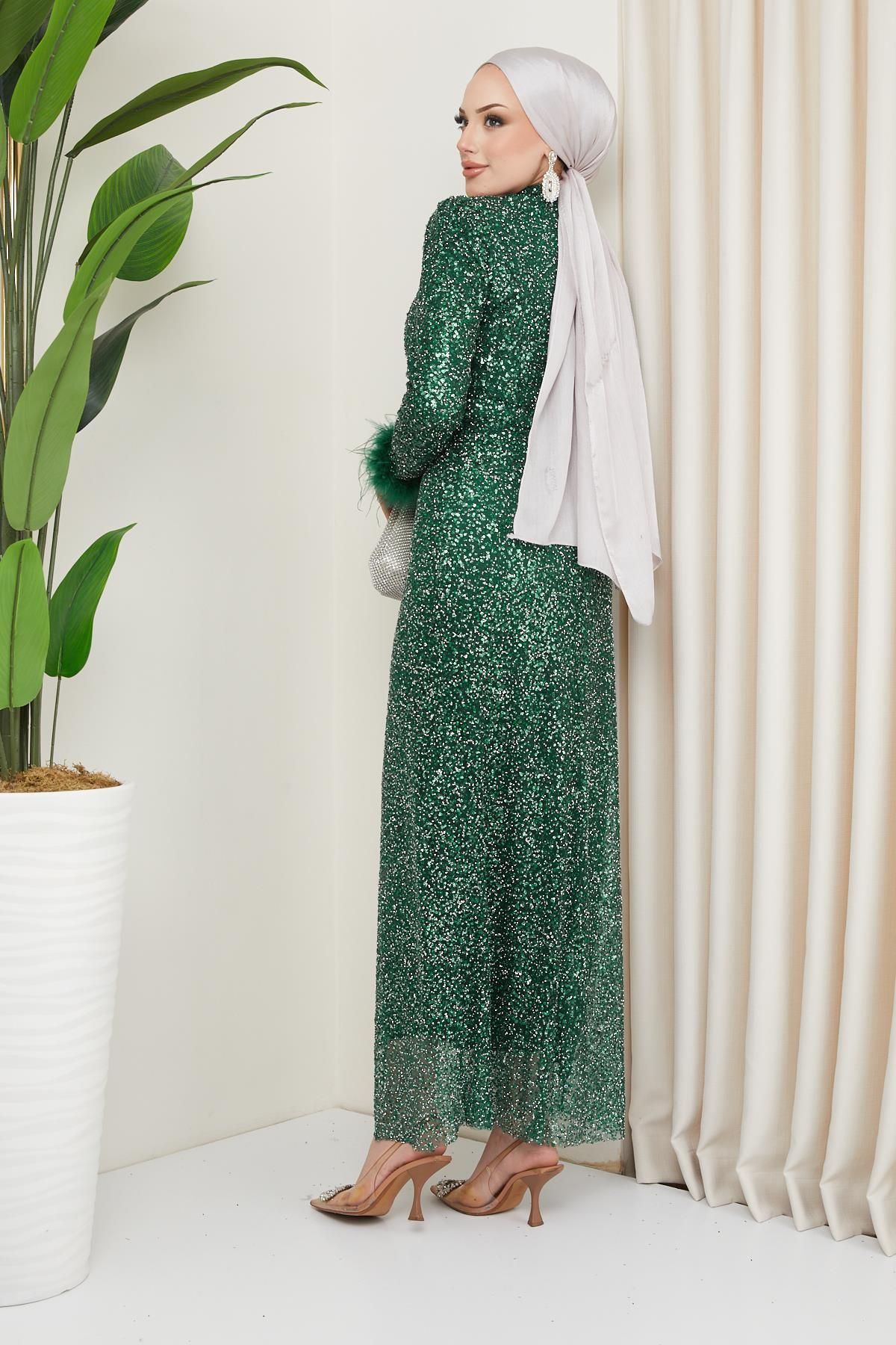 Olcay-GREEN Evening Dress - Feather Detailed Sleeve, Sequin and Jewelled 1208 5