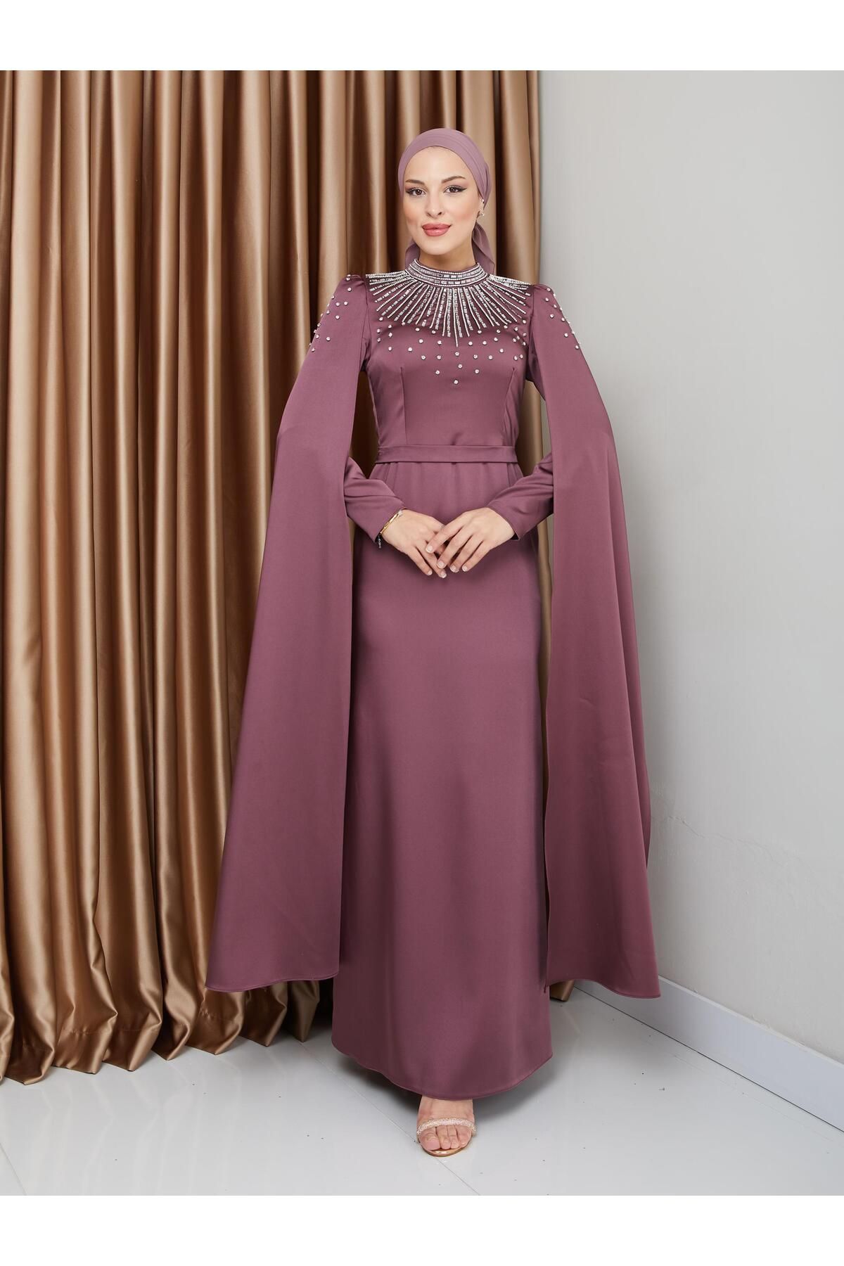 Olcay-Satin Hijab Evening Dress with Stone and Cape Detail, Dried Rose 1228 1