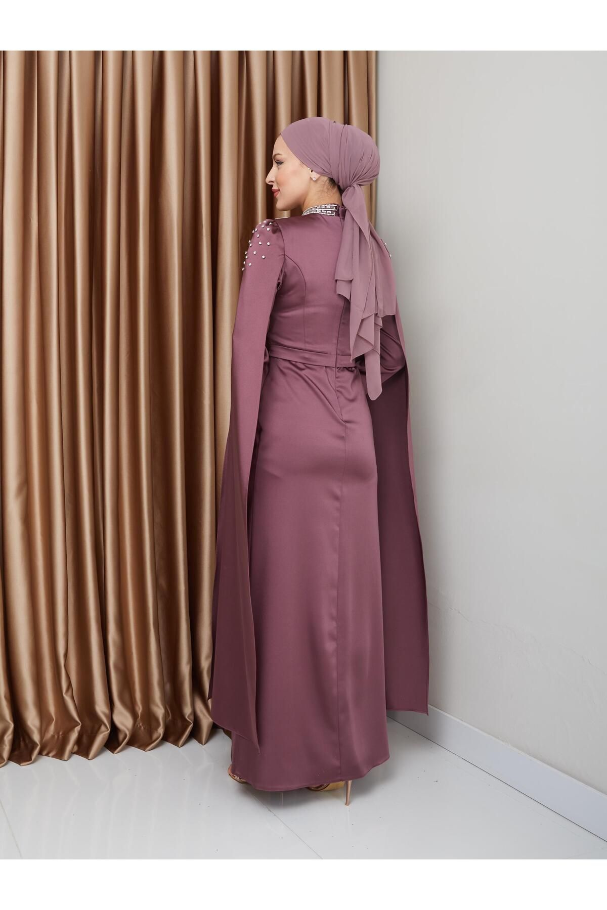 Olcay-Satin Hijab Evening Dress with Stone and Cape Detail, Dried Rose 1228 7