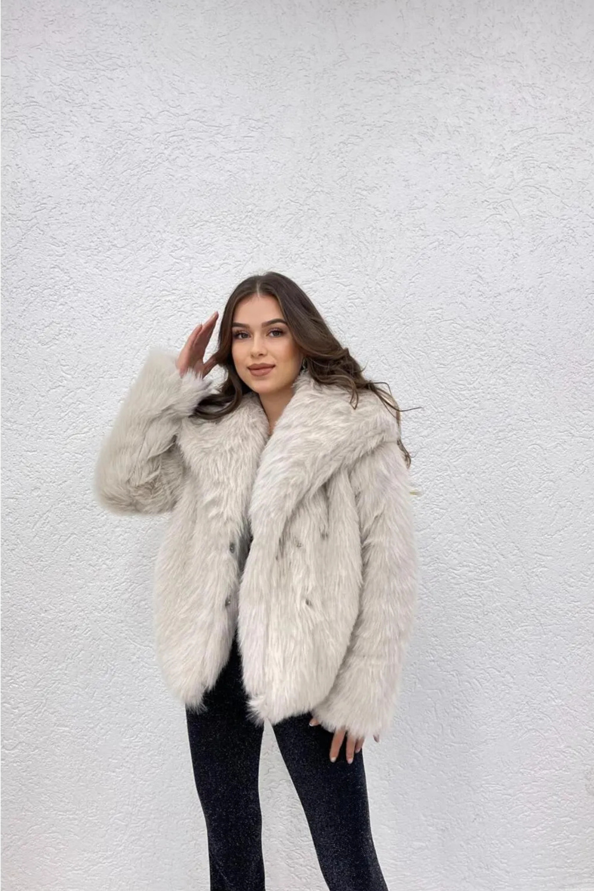 Kadın Suni Kürk Detaylı Oversize Bej Kaban