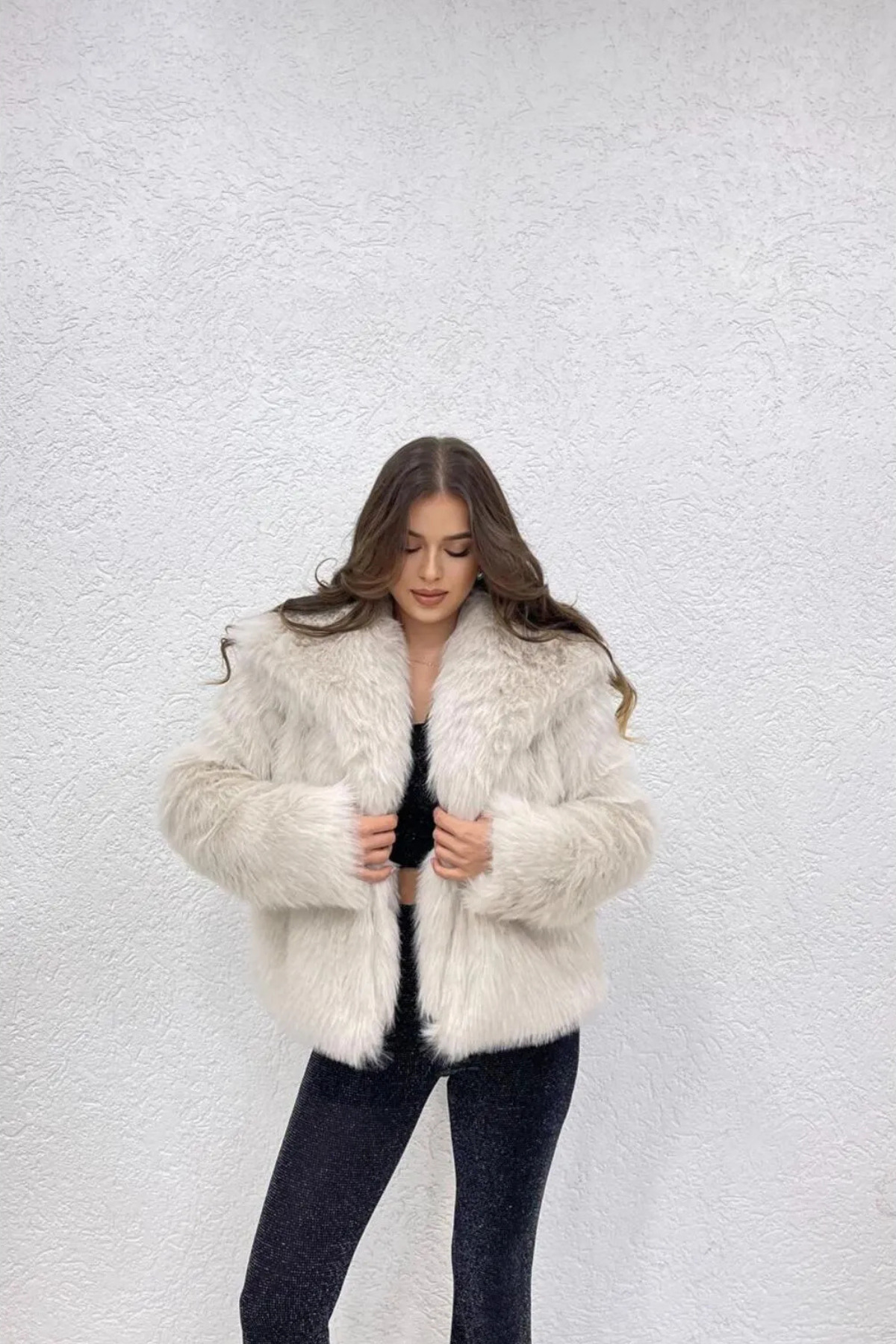 Kadın Suni Kürk Detaylı Oversize Bej Kaban
