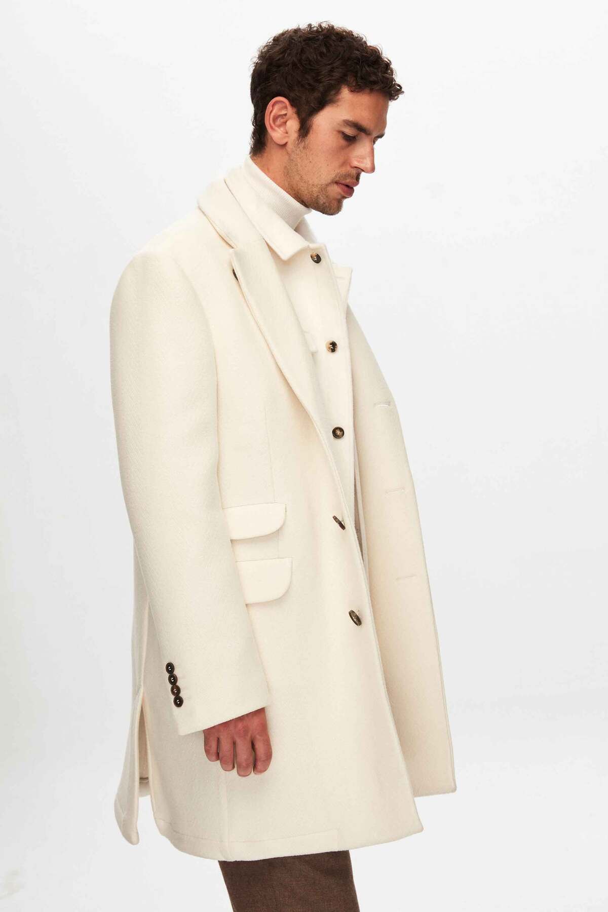 Slim Fit Ekru Yünlü Palto — اکرو 3DF08M6018611 — تصویر 2 از 7
