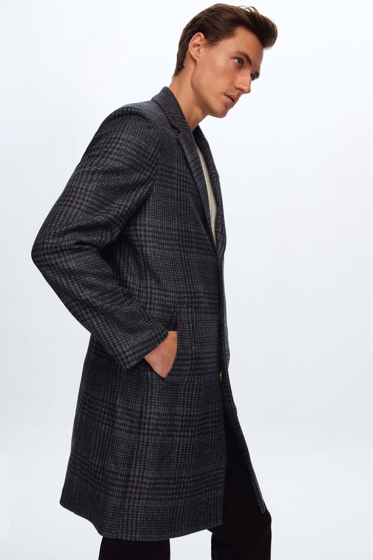 Slim Fit Lacivert %100 Yün Palto — سرمه‌ای 3DF08LP078139 — تصویر 4 از 8