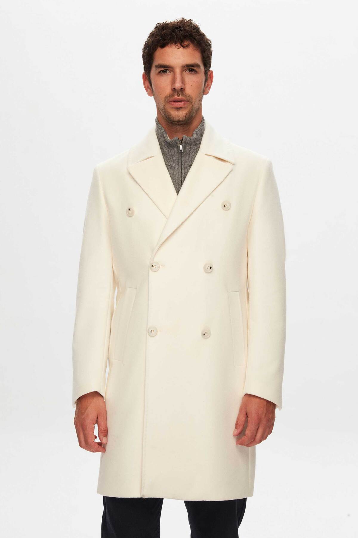 Damat Regular Fit Ekru Kaşmir-Yün Karışımlı Palto