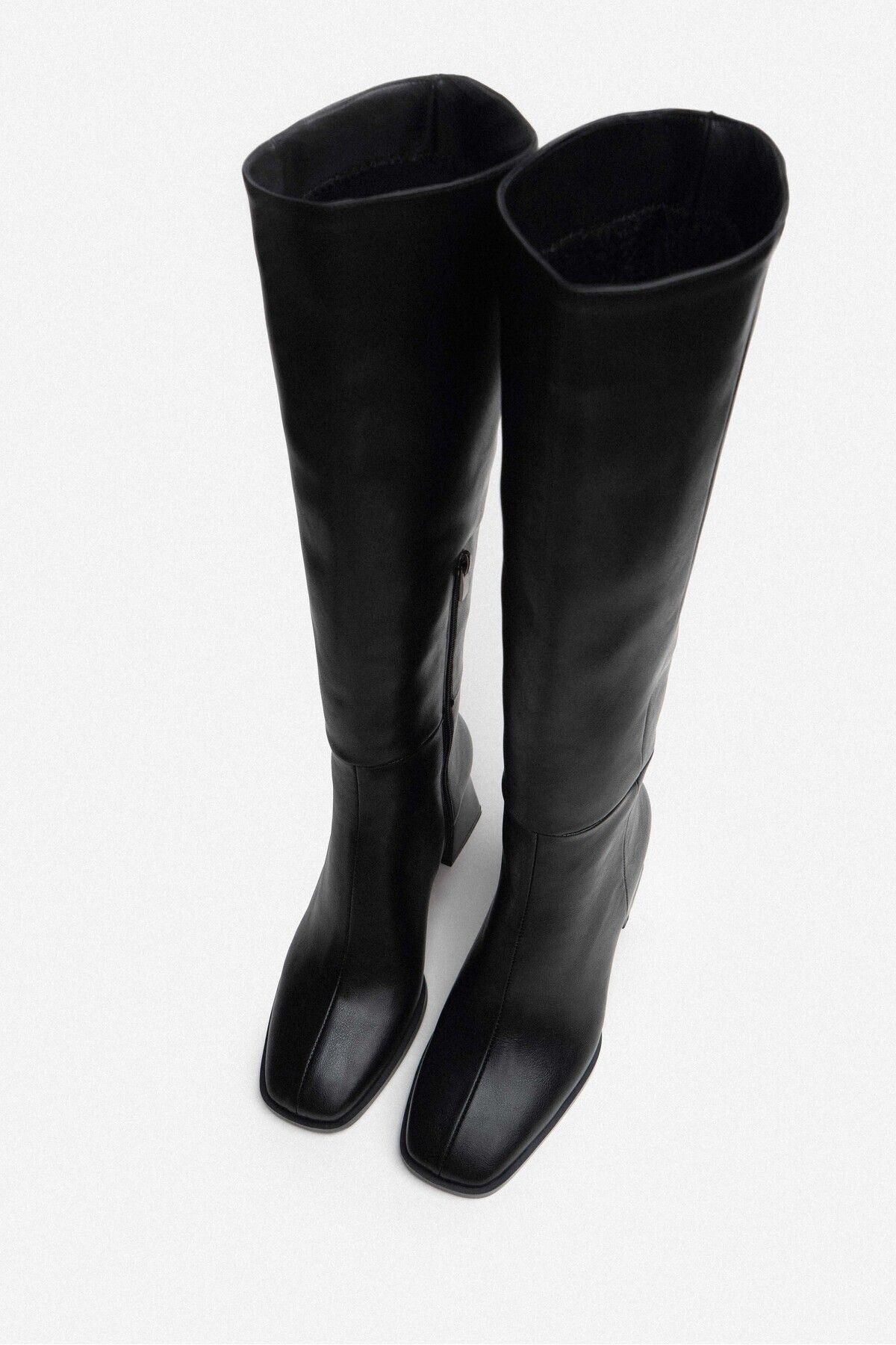 NİŞANTAŞI SHOES-Roger Black Matte Blunt Toe Damenstiefel mit dickem Absatz 5