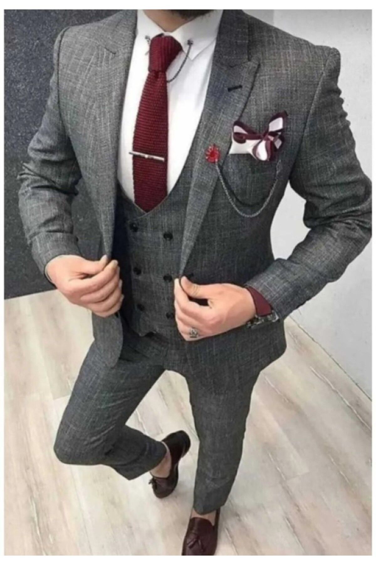 MISTER MR.PAPYON FASHION Erkek Gri Takım Yelekli Slimfit Takım Elbise