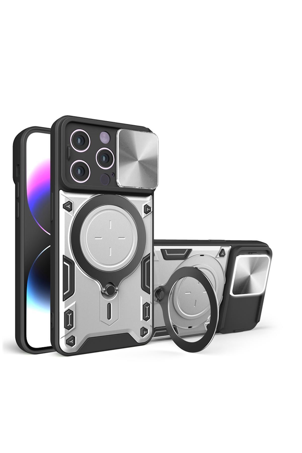 Pro Aksesuar Apple iPhone 15 Pro Max Uyumlu Kılıf Manyetik Standlı Zırhlı Silikon Kılıf Gri