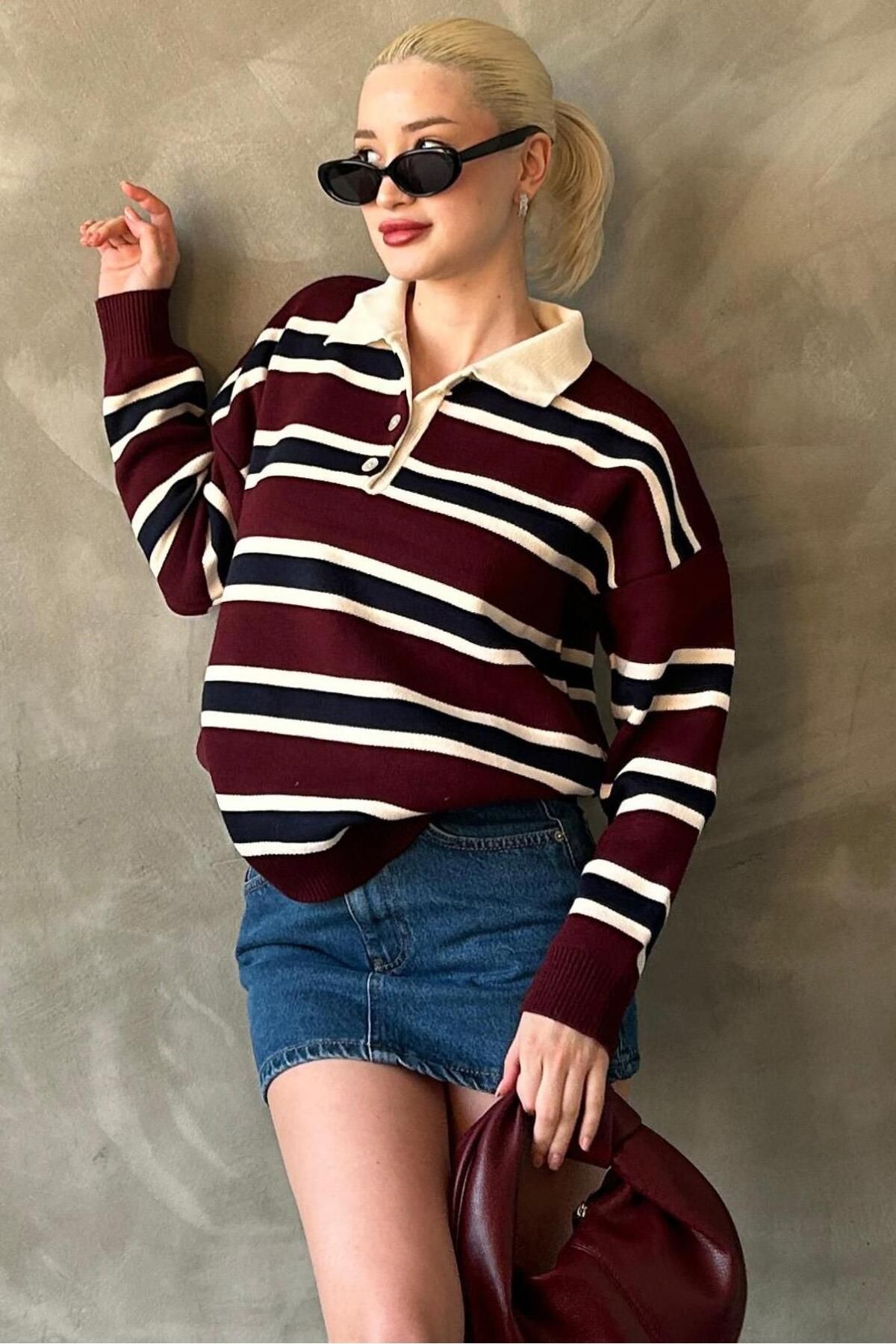Madmext-Burgundowy, prążkowany, zapinany na guziki sweter polo damski z dzianiny Mg2280 3