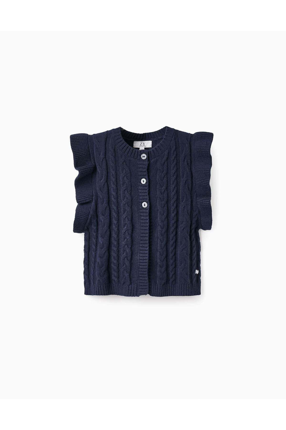 Ziddy-KNITTED FRILL WAISTCOAT FOR GIRLS DARK BLUE 1