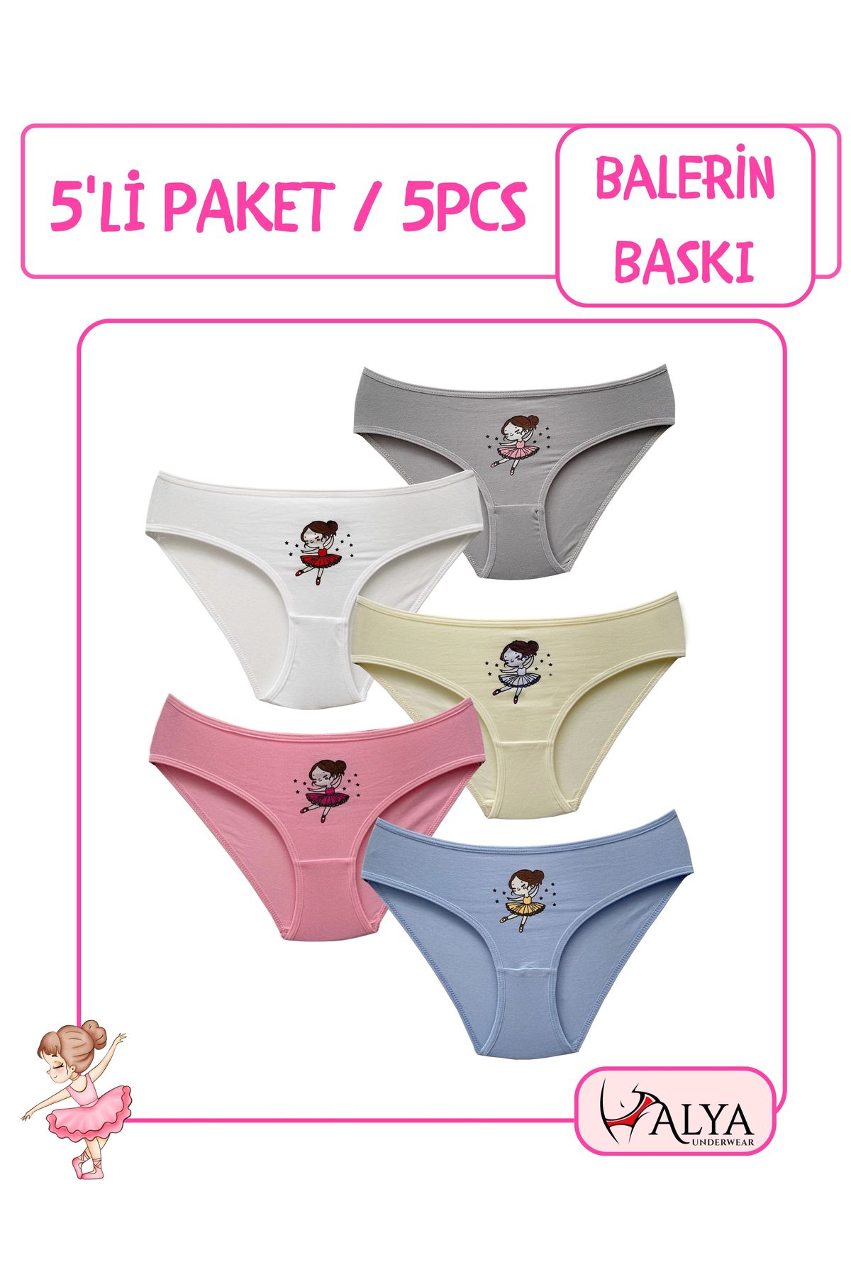 ALYA UNDERWEAR-Chiloți Fete Bumbac Imprimat Balerina, Chiloți Slip Culoare 1