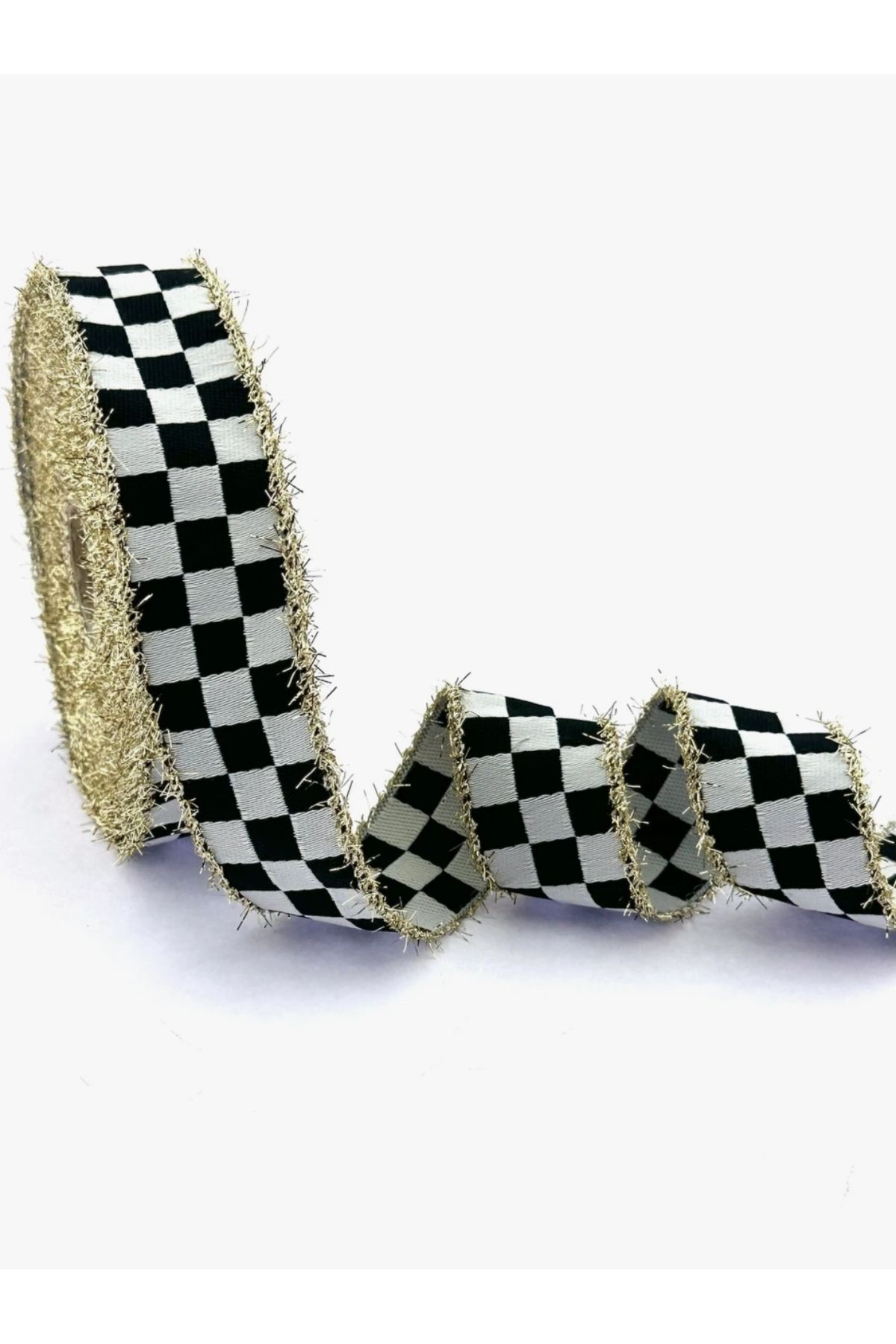 MEKA-Gold Glitter Checkerboard Patterned Ribbon - 3 cm Width (1 m Length) 1