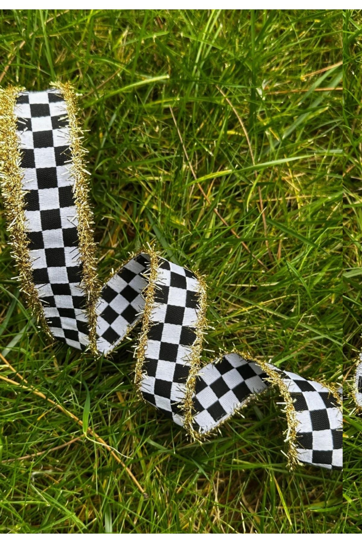 MEKA-Gold Glitter Checkerboard Patterned Ribbon - 3 cm Width (1 m Length) 3